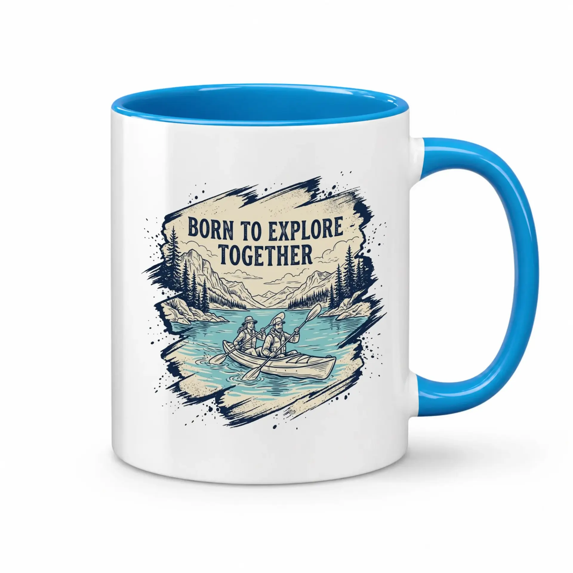 Born to Explore Together Ceramic Coffee Mug with Blue Accent Handle for Adventure Lovers and Outdoor Enthusiasts Alike