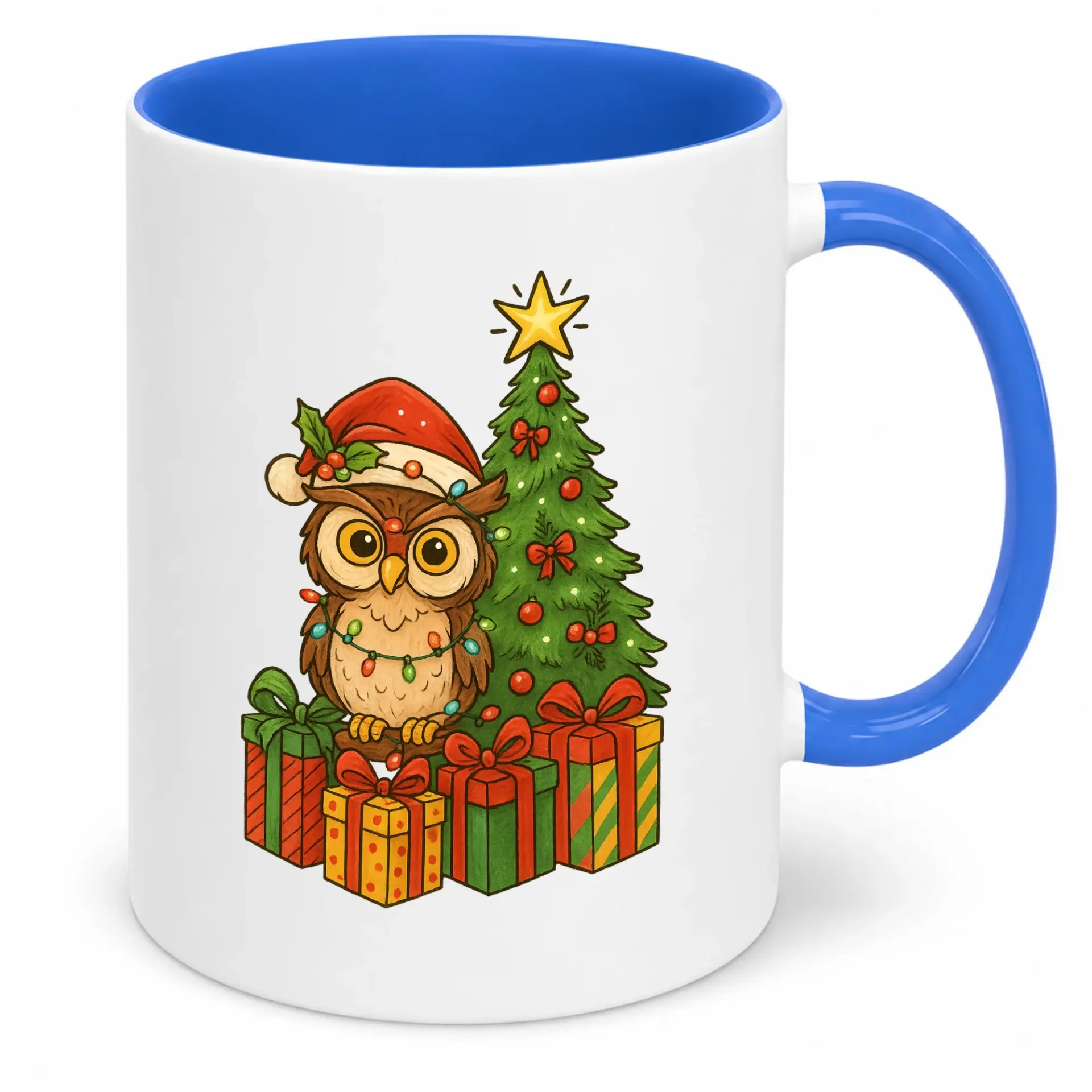 Christmas Ceramic Coffee Mug 11oz or 15oz White Drinkware with Festive Holiday Owl and Decorated Tree Design Blue Handle