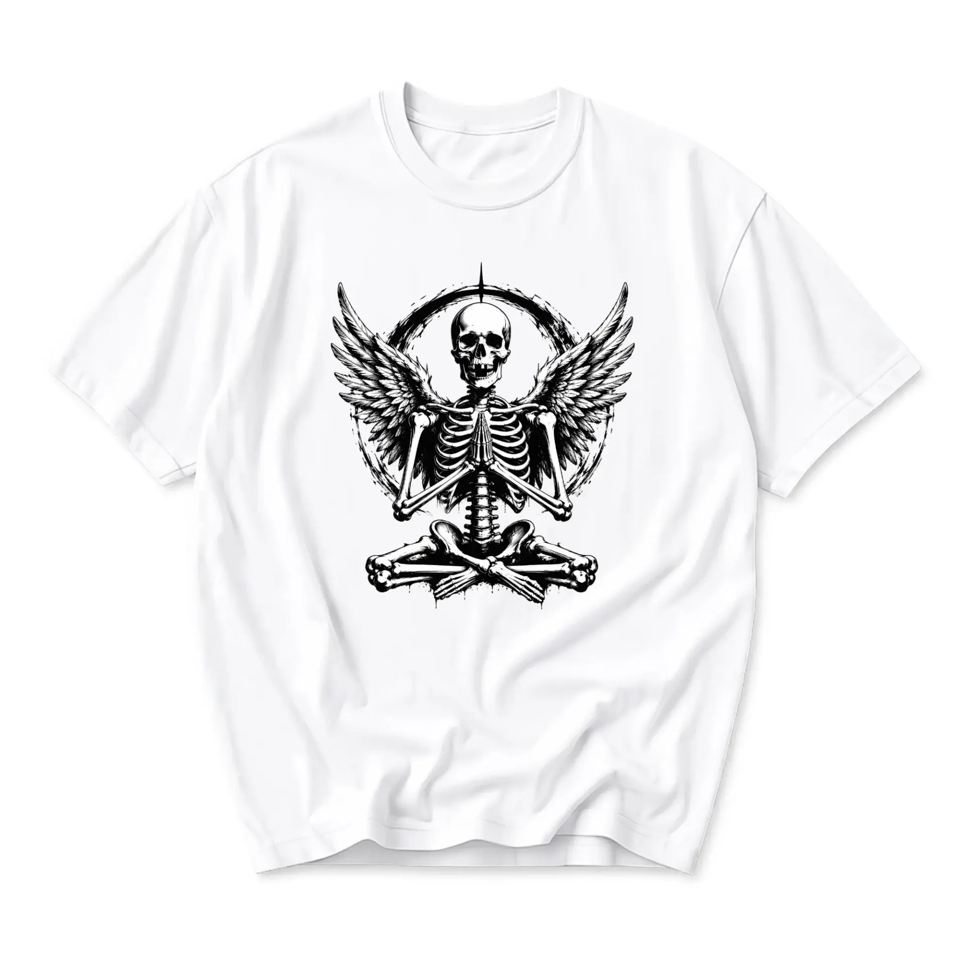 T-shirt Graphic Tee Featuring Artistic Meditating Skeleton with Angel Wings for Casual Everyday Style Apparel