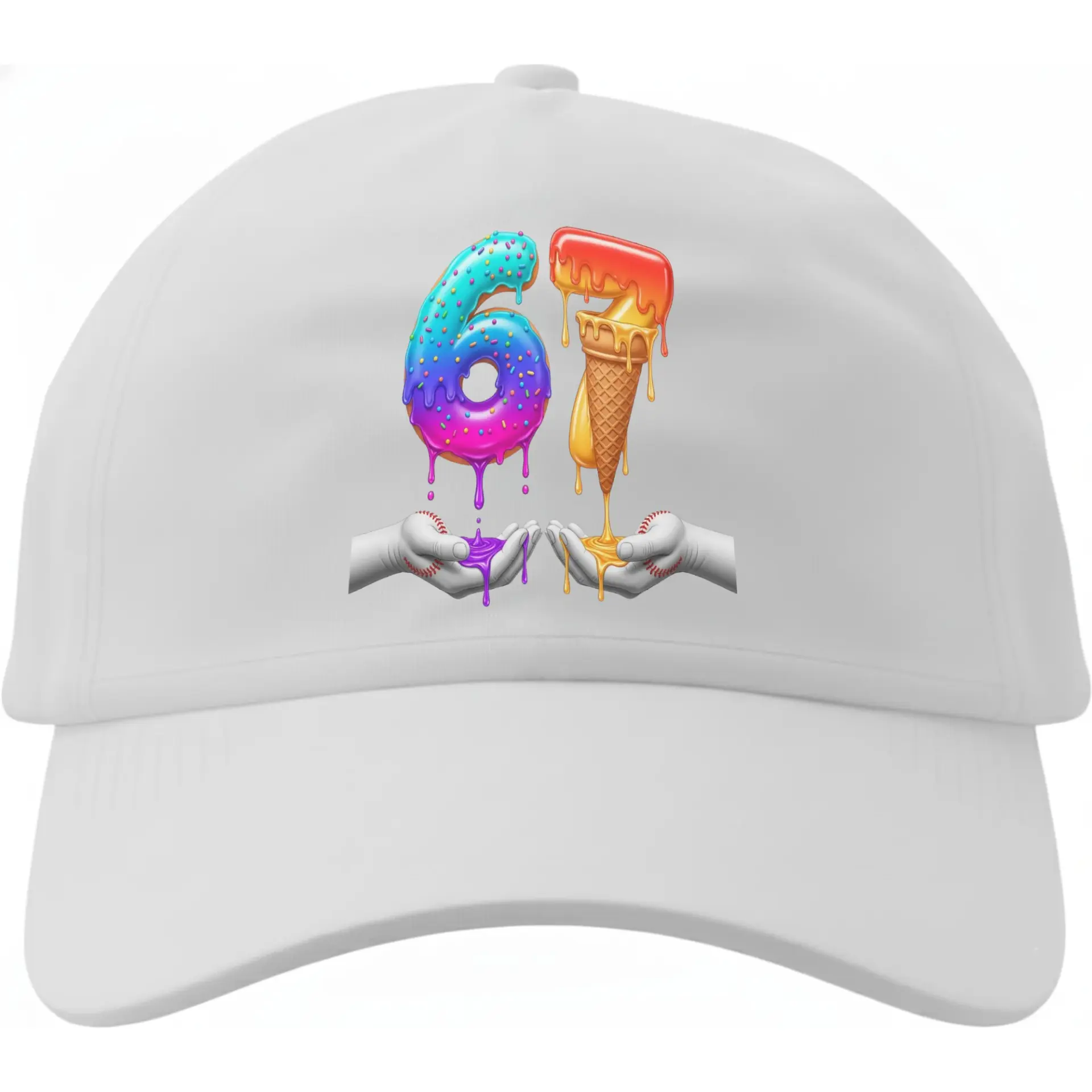 Baseball Cap Dad Hat with Number Sixty Seven Graphic Featuring Vibrant Dripping Donut and Melting Ice Cream Cone Design