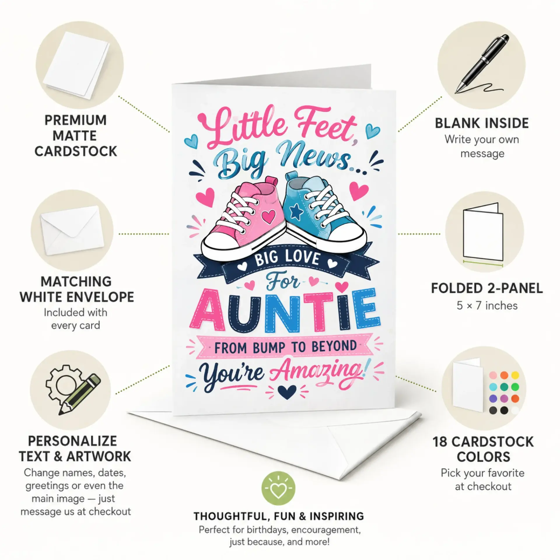 Greeting Card for Auntie from Bump Baby Announcement Design Featuring Cute Pink and Blue Sneakers Heart Accents