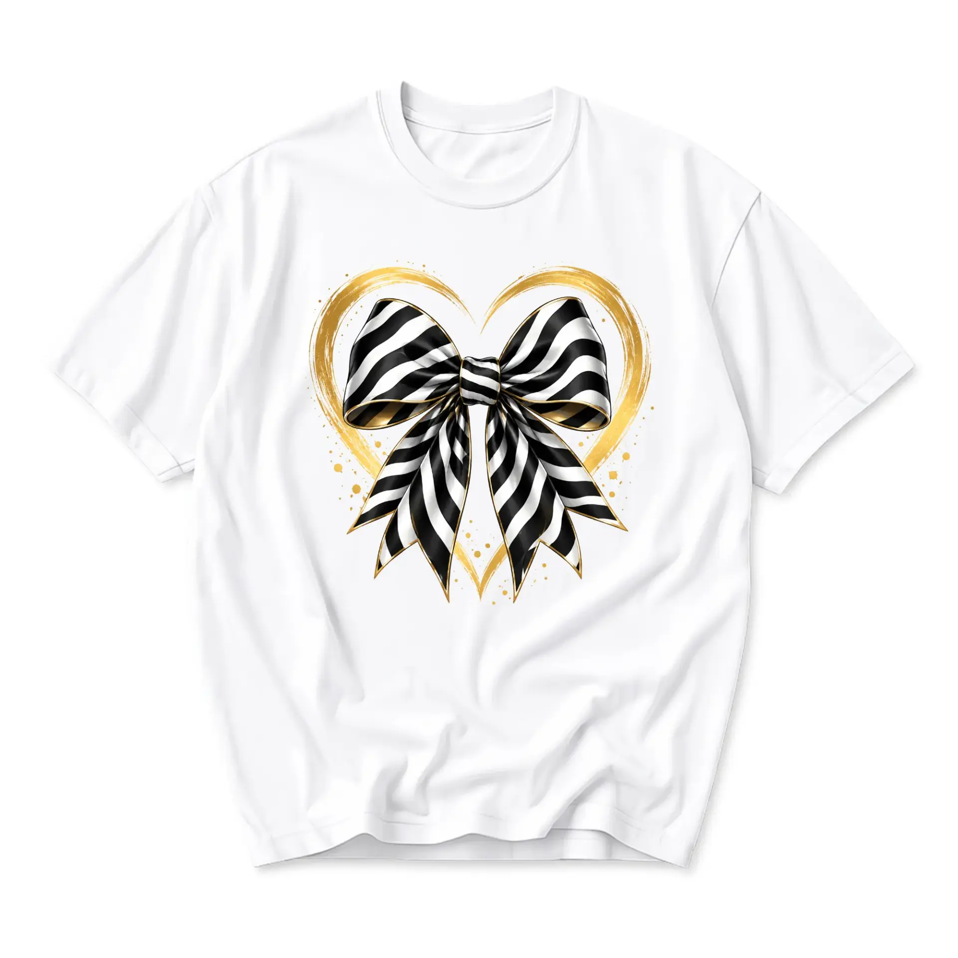 Graphic Tee Black and White Striped Ribbon Heart Print Unisex Casual Crew Neck Soft Cotton Short Sleeve Shirt Top