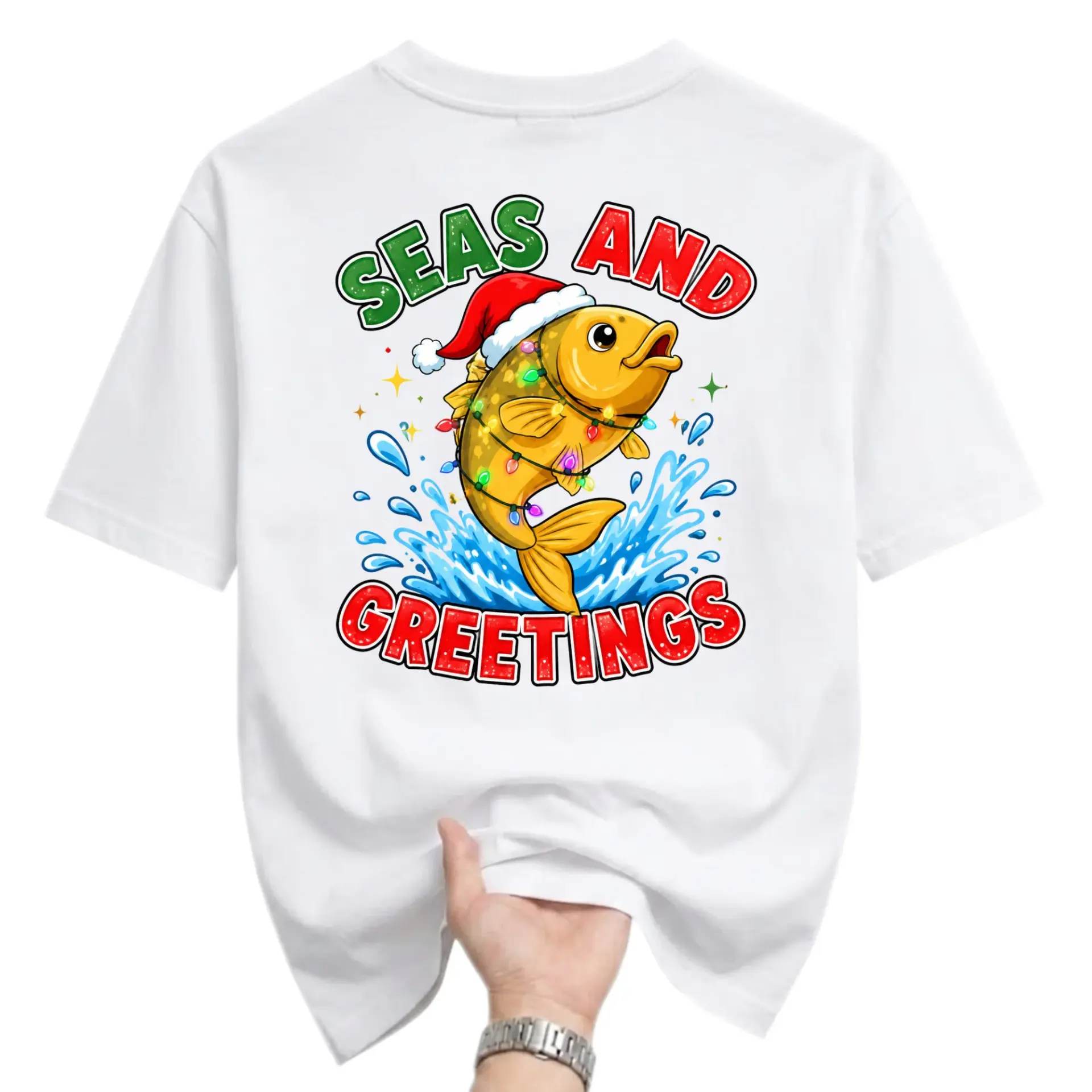 Funny Shirt Seas and Greetings Christmas Fish Graphic T-Shirt Casual Unisex