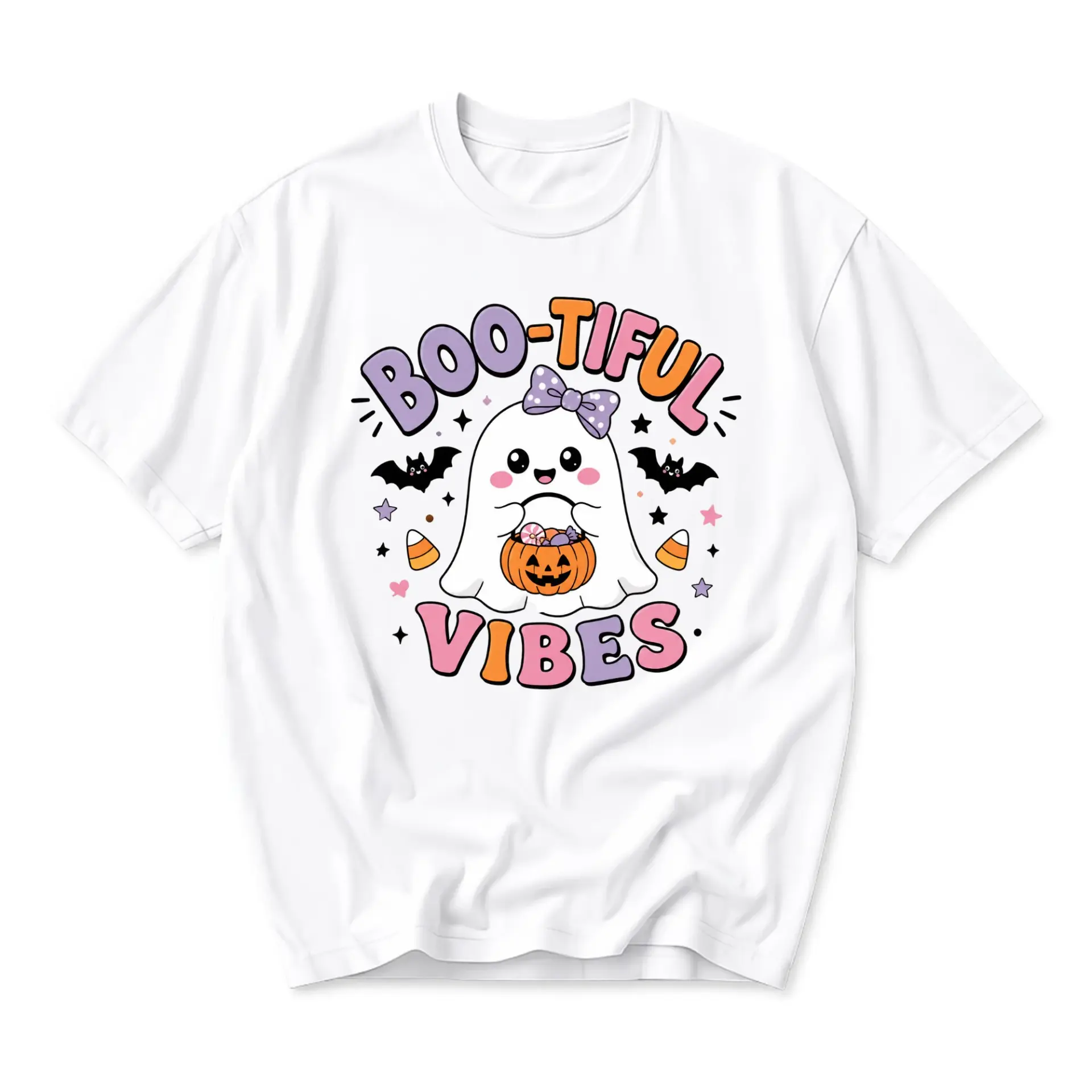Graphic Tee Boo-Tiful Vibes Cute Ghost Halloween Shirt Unisex Cotton Casual Short Sleeve Apparel for Everyday Outfits