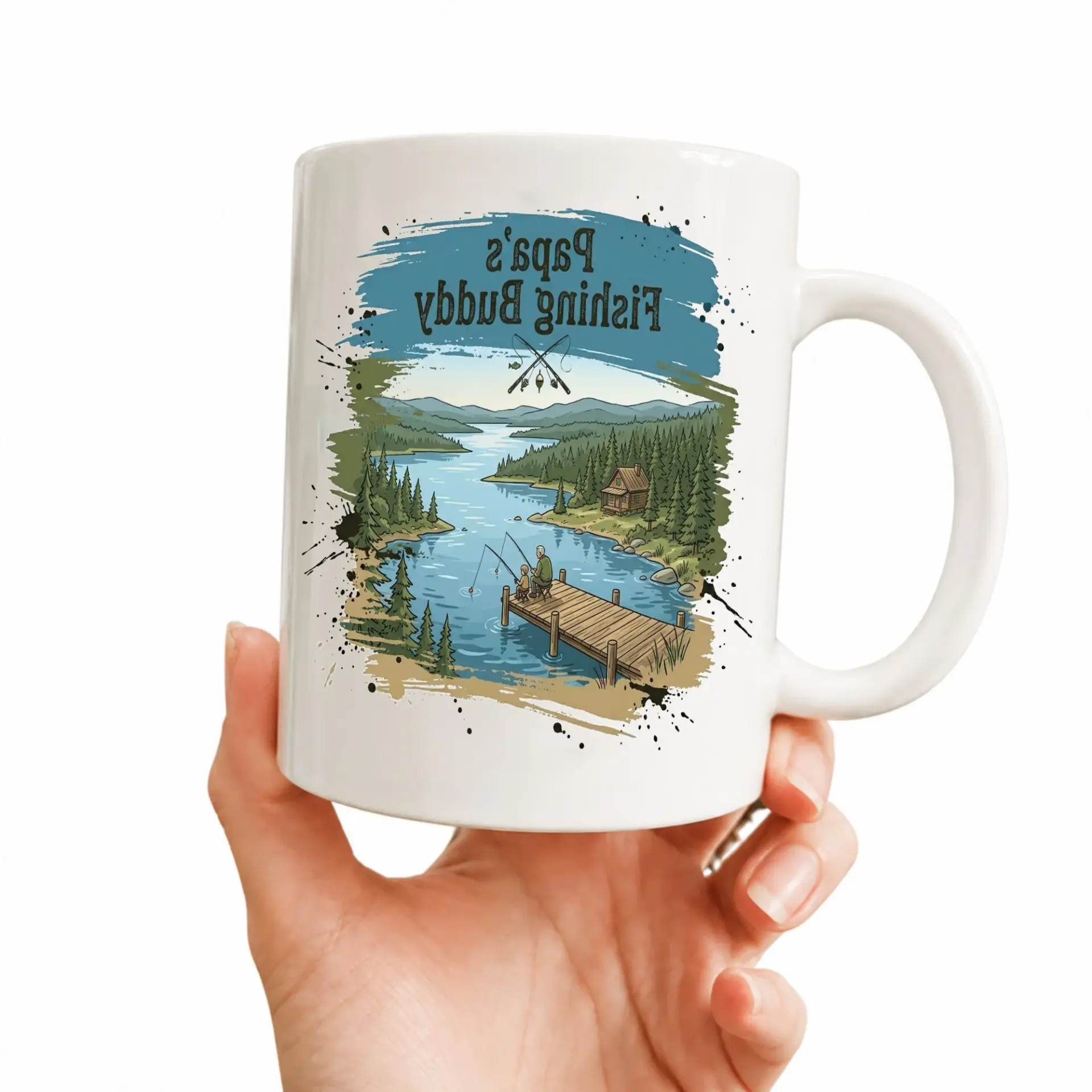 Sentimental Fishing Themed Coffee Mug Featuring Scenic Lake Illustration for Outdoor Enthusiasts and Hobbyists