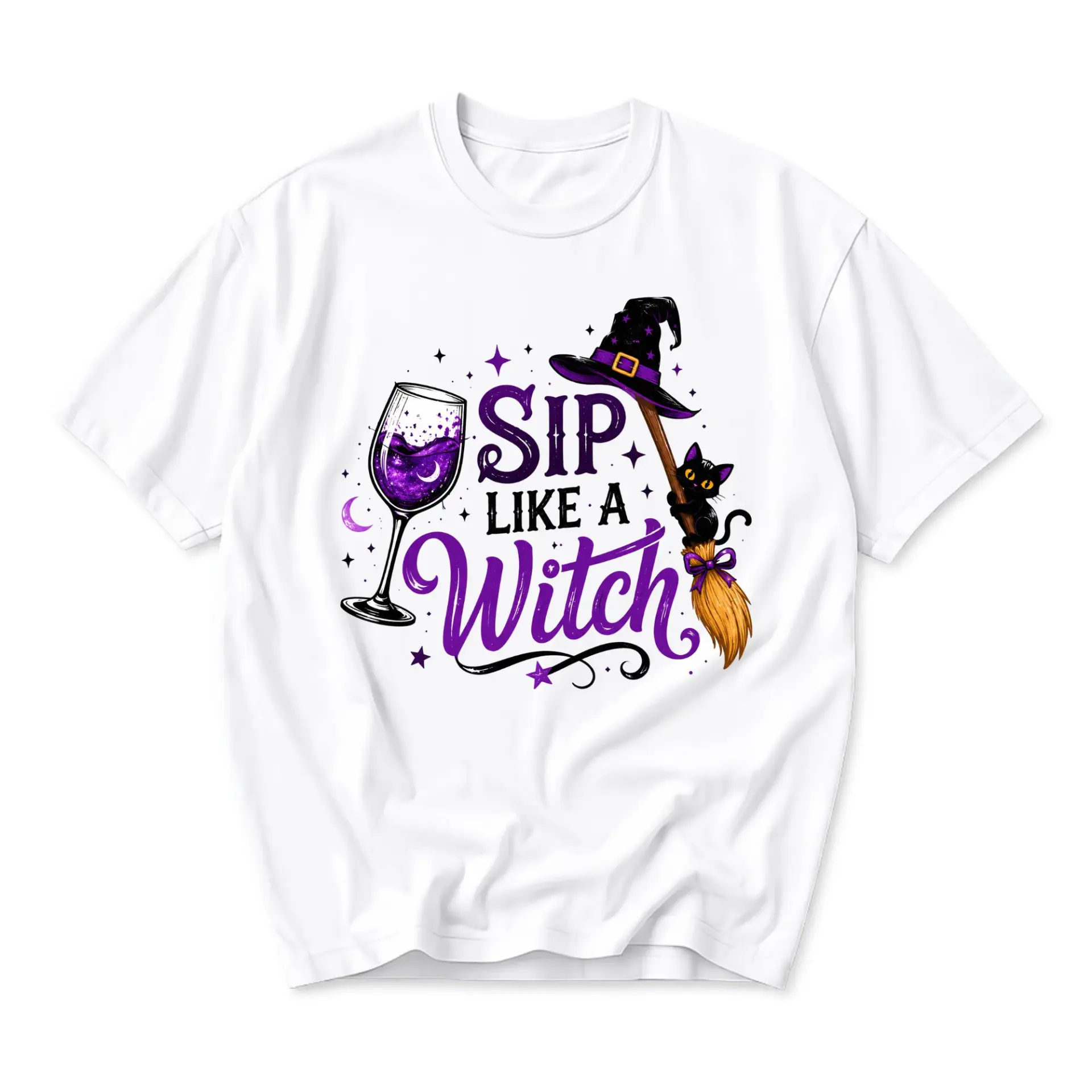 Graphic Tee Sip Like a Witch T-Shirt Unisex Casual Crew Neck Humor Statement Shirt Soft Everyday Cotton Apparel