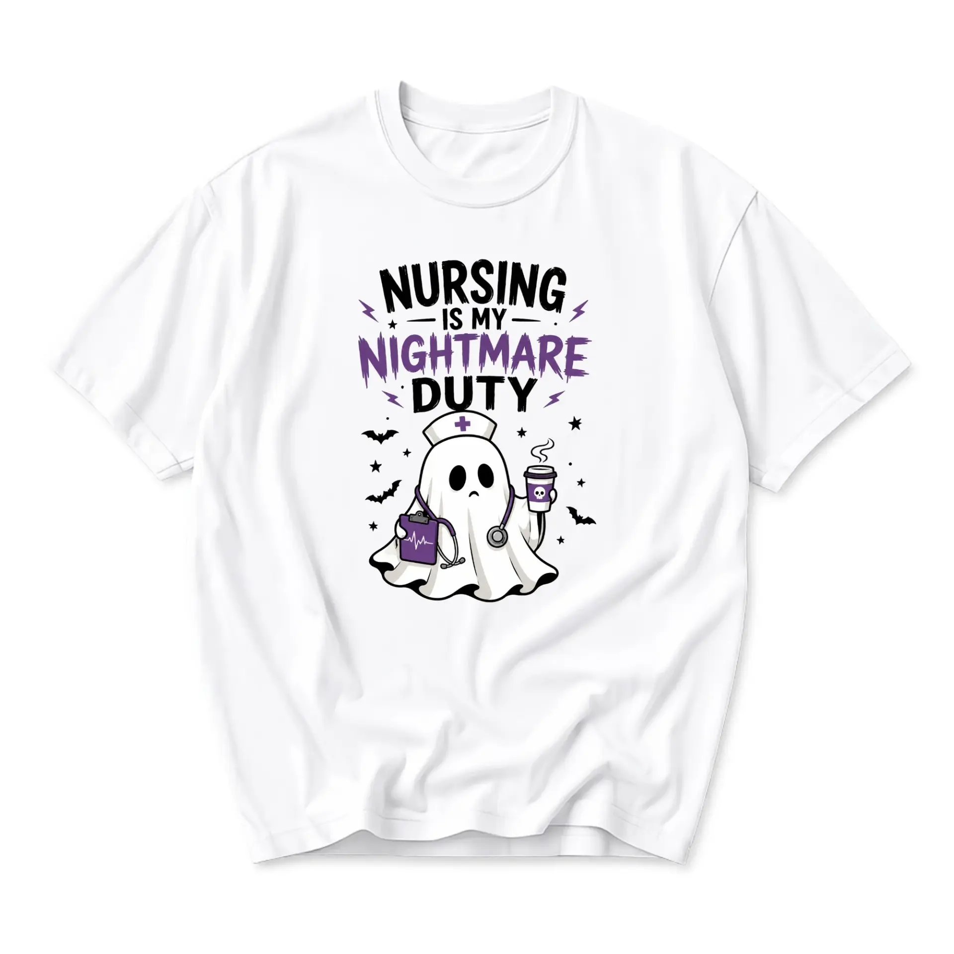 Funny Shirt Nursing Is My Nightmare Duty Graphic Tee Cute Ghost Nurse Halloween Gift for Medical Professionals