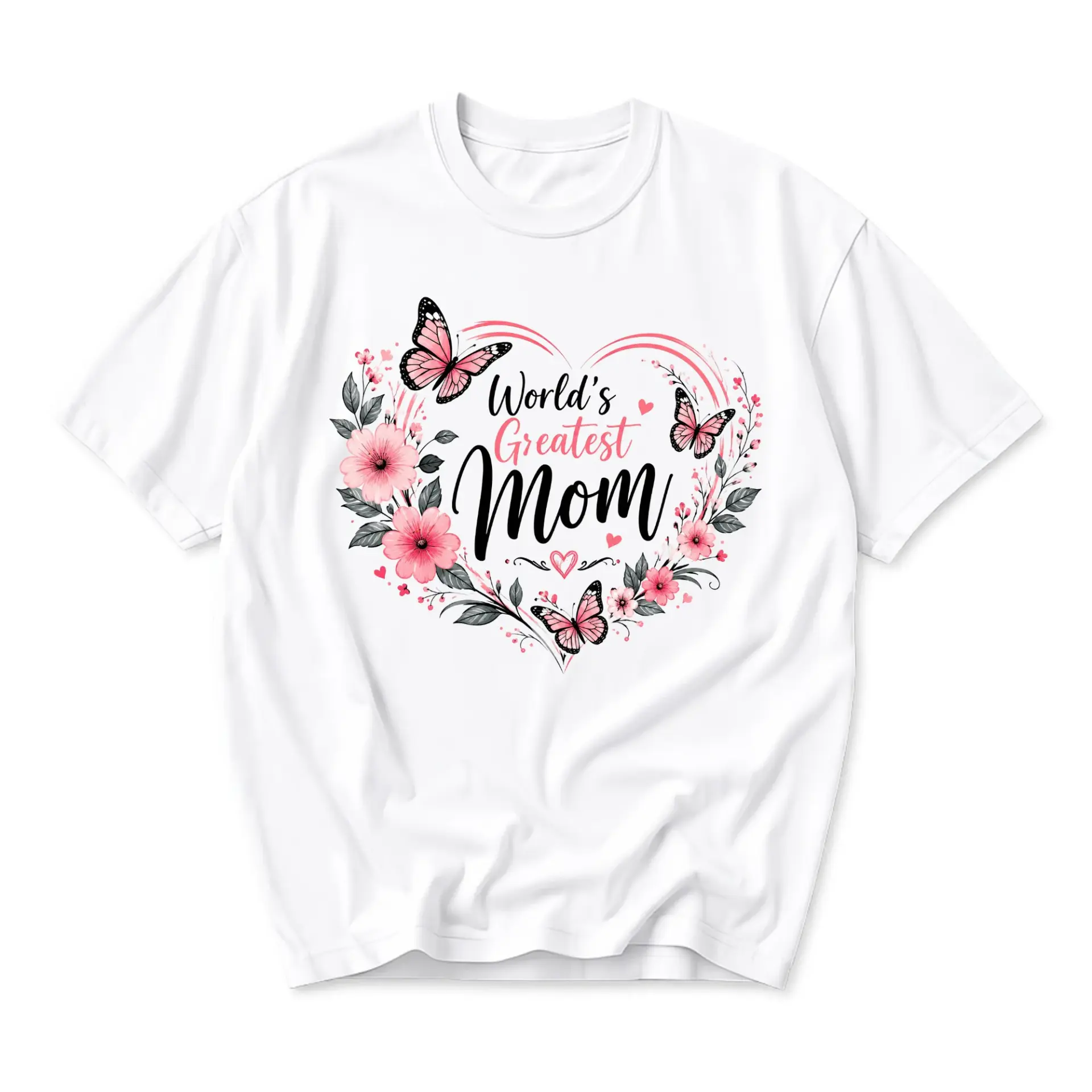Graphic Tee World's Greatest Mom T-Shirt Floral Butterfly Print Unisex Crew Neck Casual Everyday Comfort Apparel