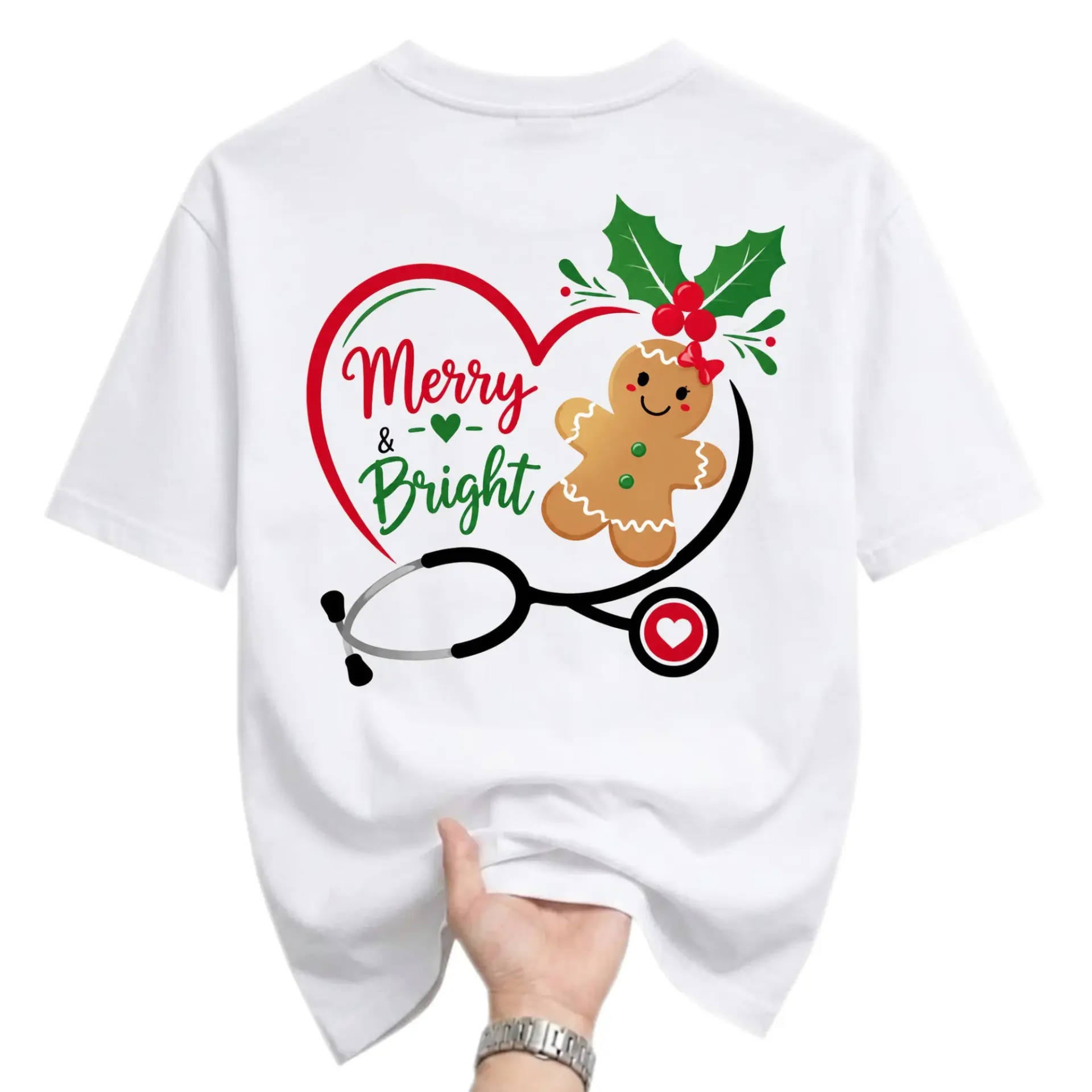 T-shirt Merry and Bright Gingerbread Nurse Stethoscope Graphic Tee Holiday Seasonal Casual Apparel for Healthcare