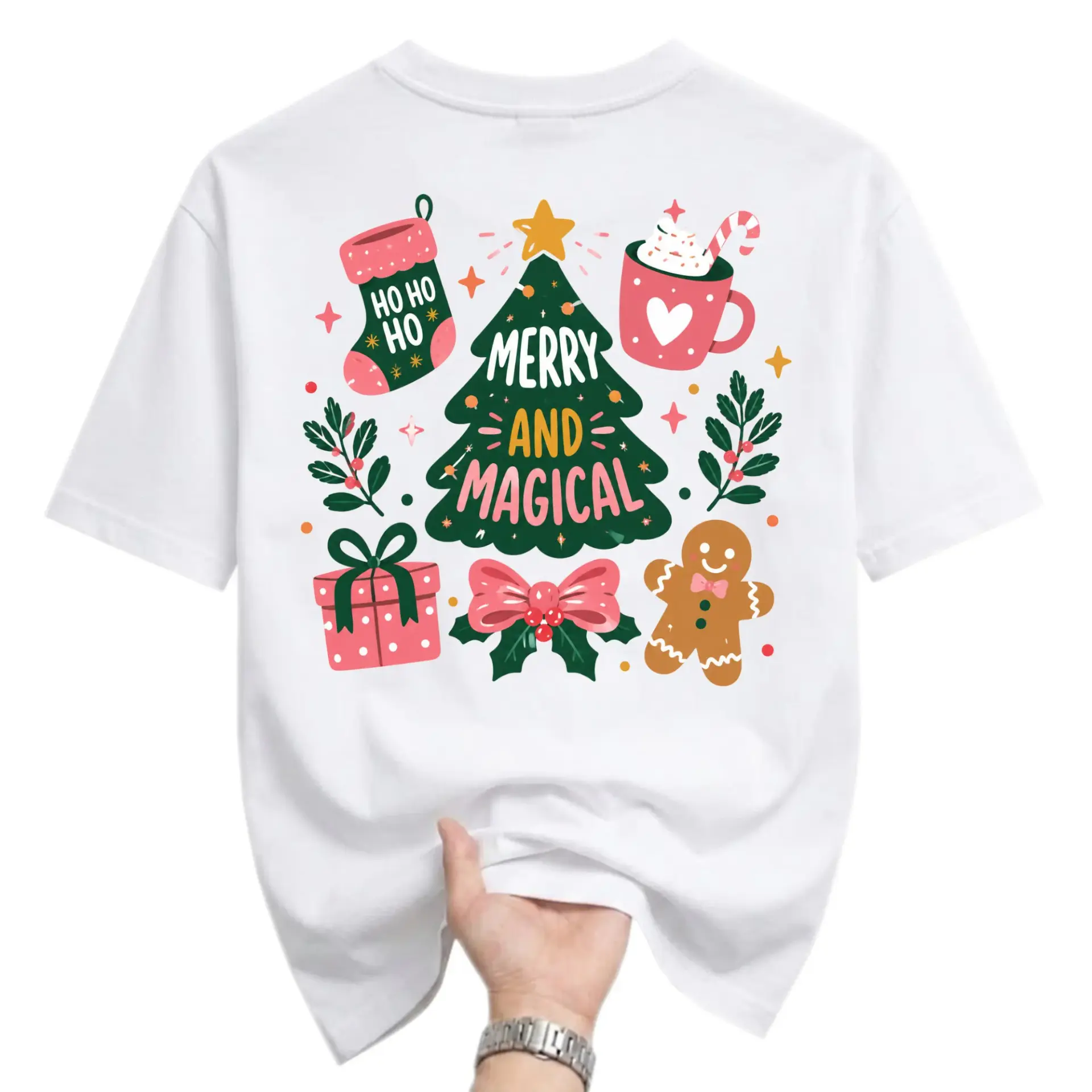 Graphic Tee Merry and Magical Christmas Tree Holiday Design Unisex Crew Neck Soft Cotton Blend Casual Shirt White
