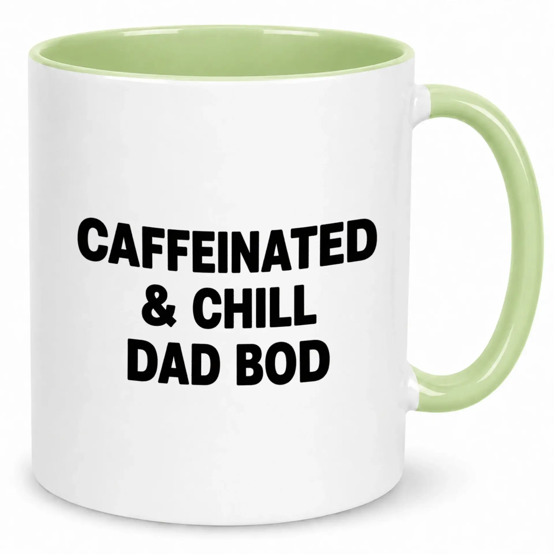 Funny Coffee Mug for Dads "caffeinated & Chill Dad Bod" White Ceramic with Green Handle & Interior 11 Oz or 15 Oz Drinkware Gift