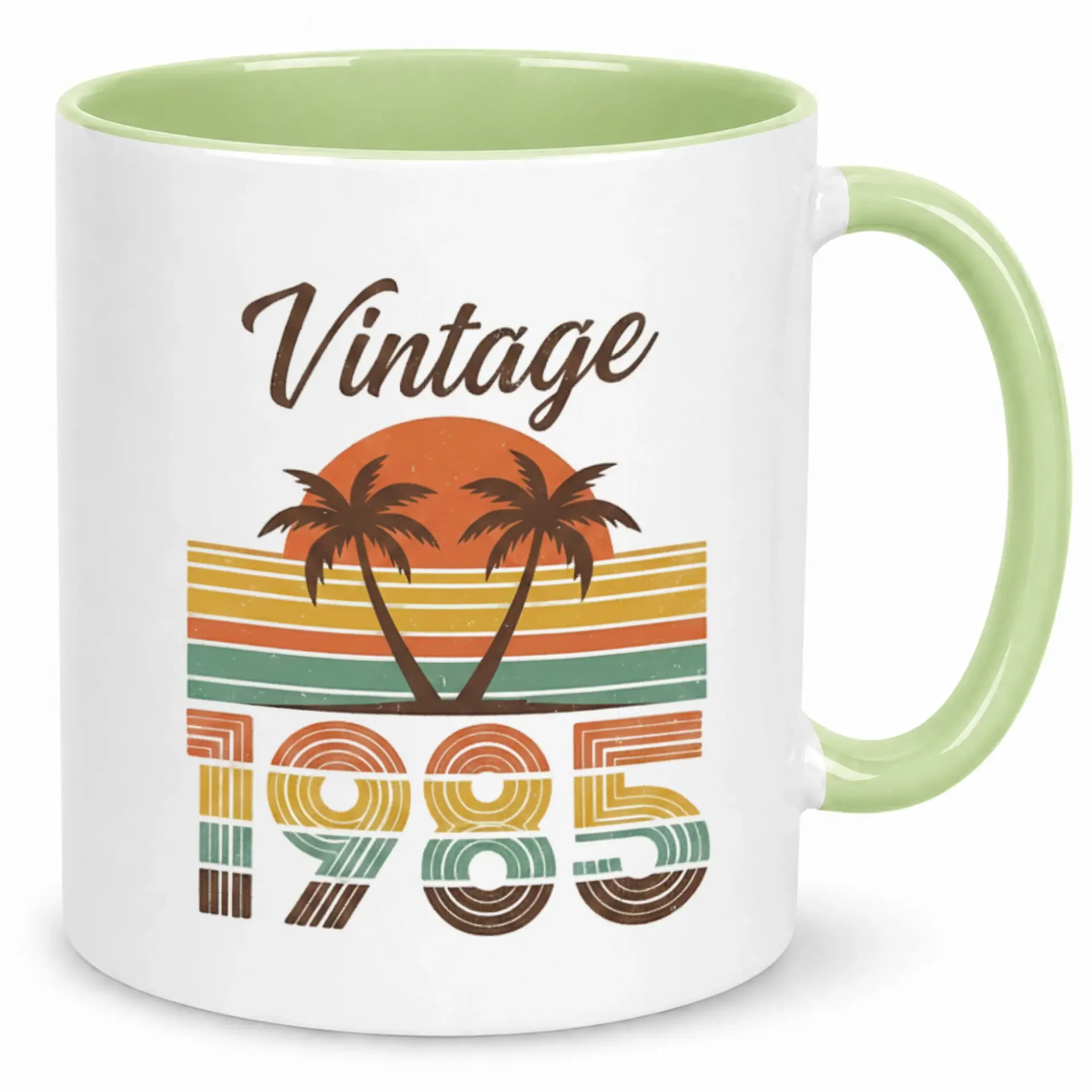 Coffee Mug Vintage 1985 Retro Sunset Trees Design Ceramic Beverage Cup with Green Handle Birthday Gift Idea