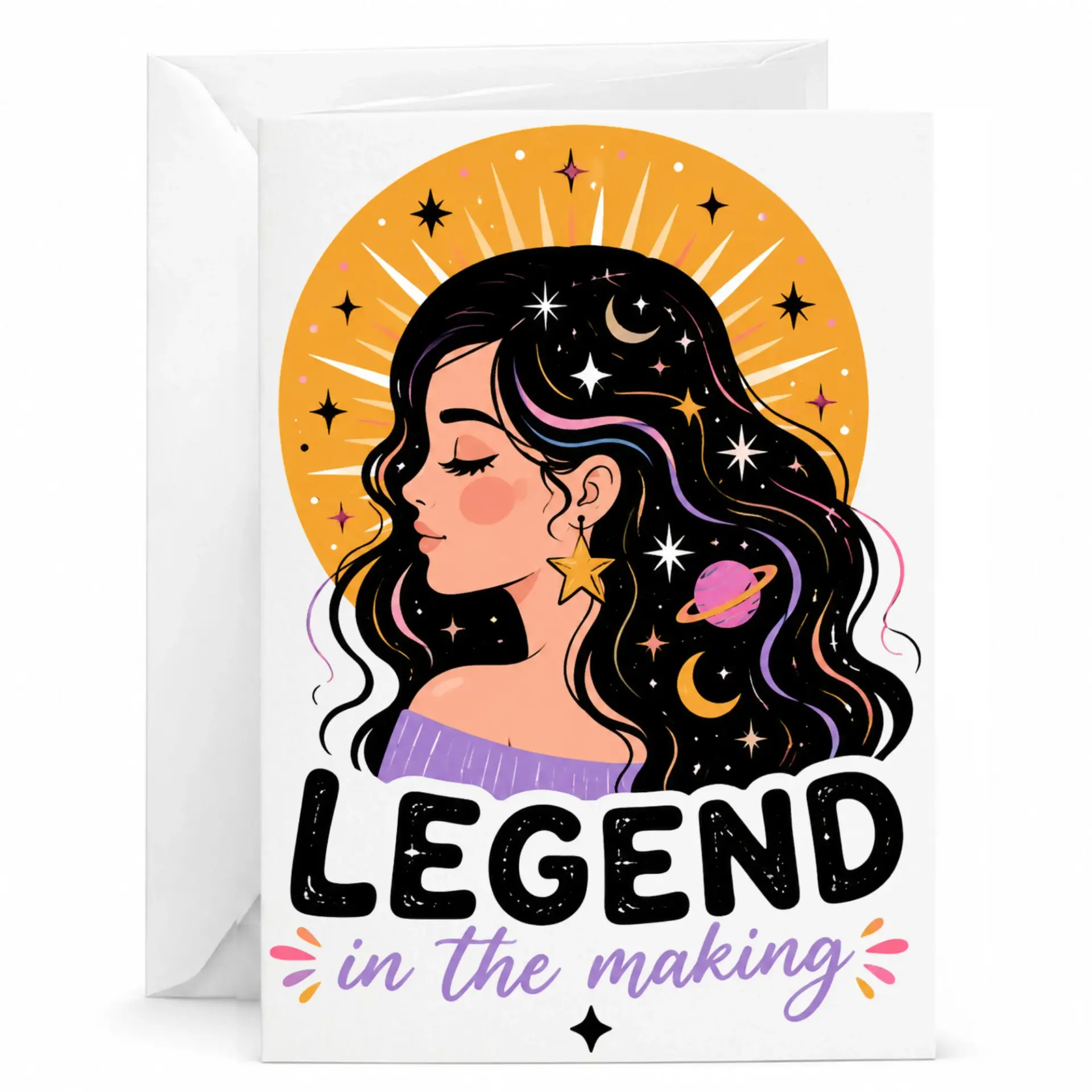 Legend in the Making Greeting Card Celestial Woman Illustration Design Birthday Encouragement Card with White Envelope