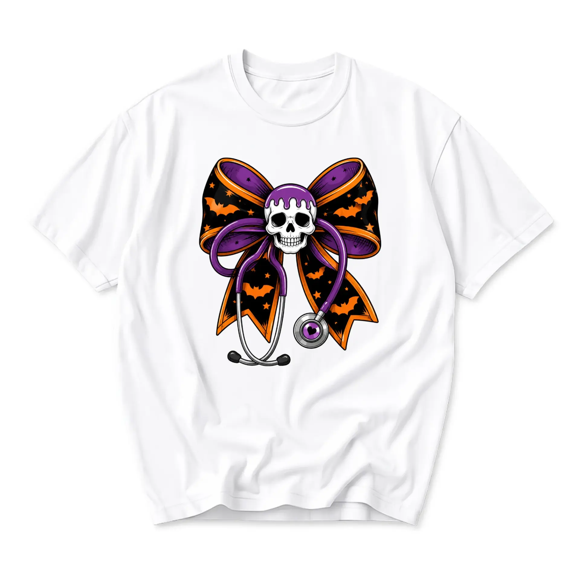 Graphic Tee Unisex Crew Neck Skull Stethoscope Halloween Ribbon Print Short Sleeve Casual Everyday Cotton Blend Shirt