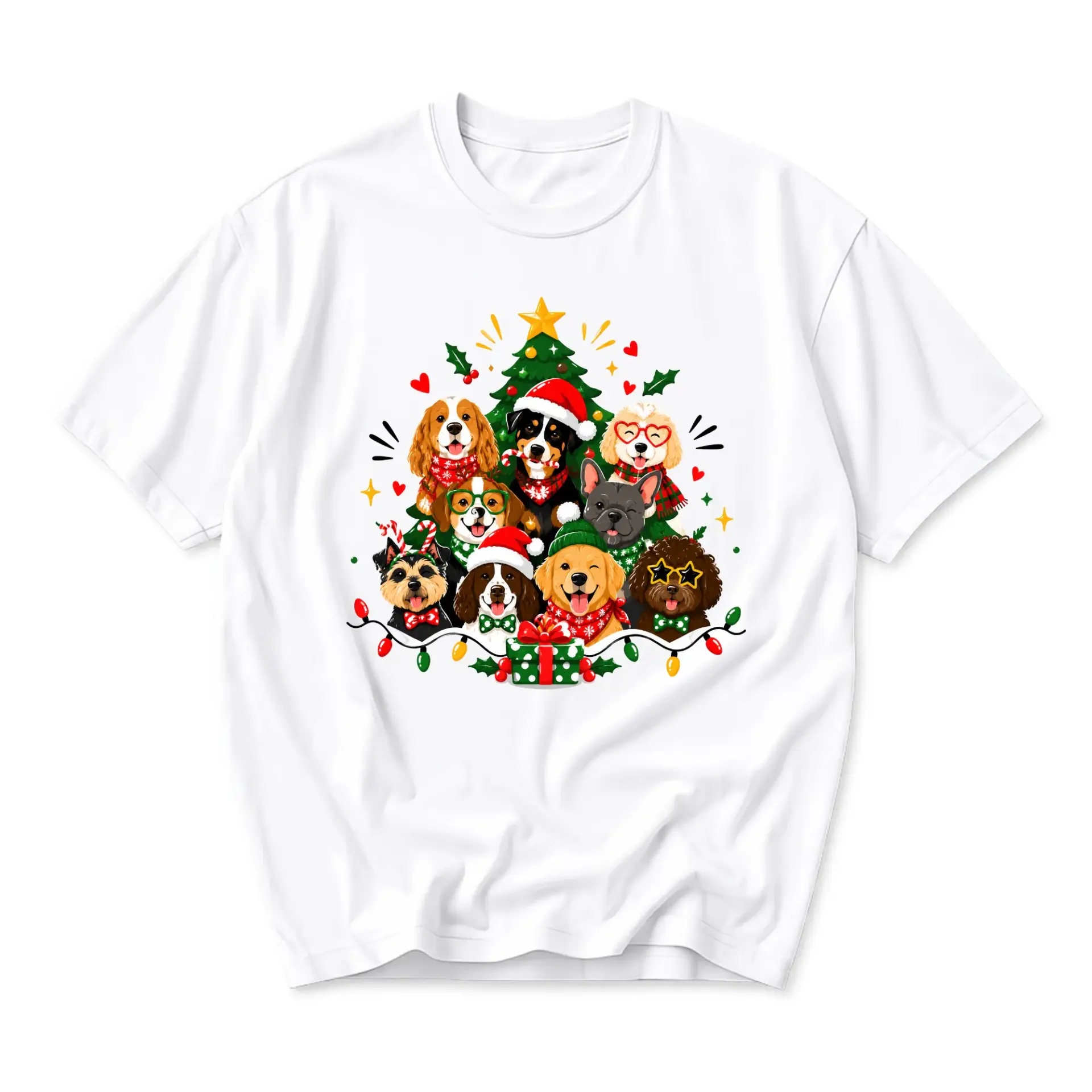 Graphic Tee Unisex Holiday Dog Tree Shirt Festive Crew Neck Top Casual