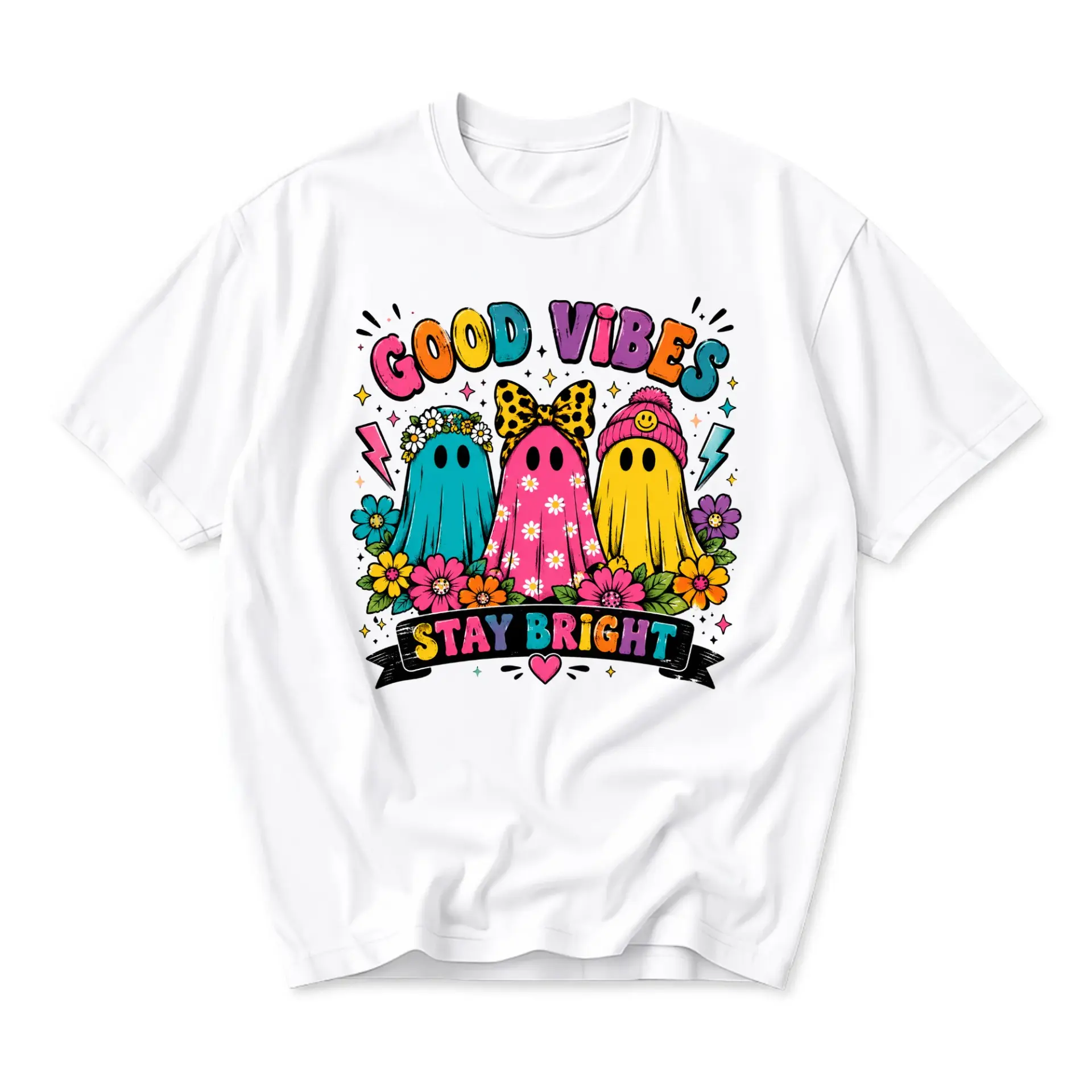Graphic Tee Good Vibes Stay Bright Colorful Retro Ghost Print Unisex Crew Neck Short Sleeve Casual Cotton Blend Shirt