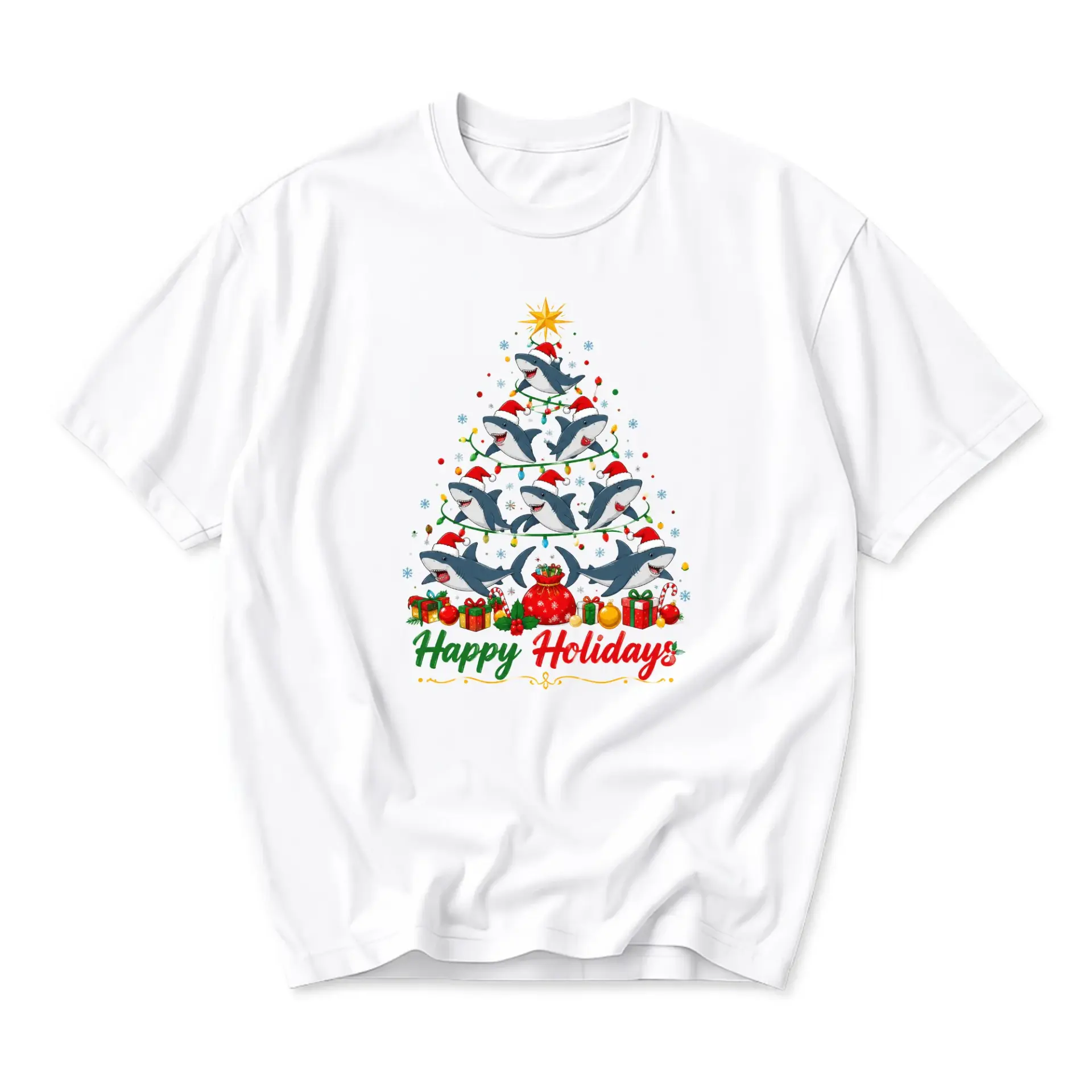 Graphic Tee Happy Holidays Shark Christmas Tree Print Unisex Crew Neck