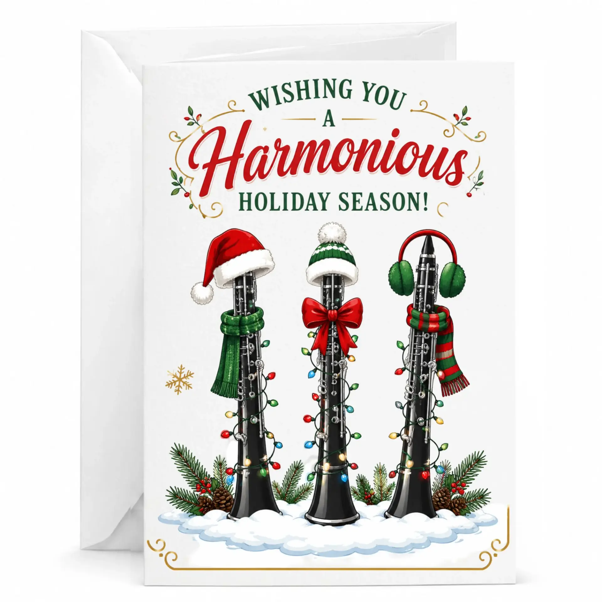 Holiday Greeting Card Featuring Musical Instrument Illustration with Festive Decorations and Winter Theme