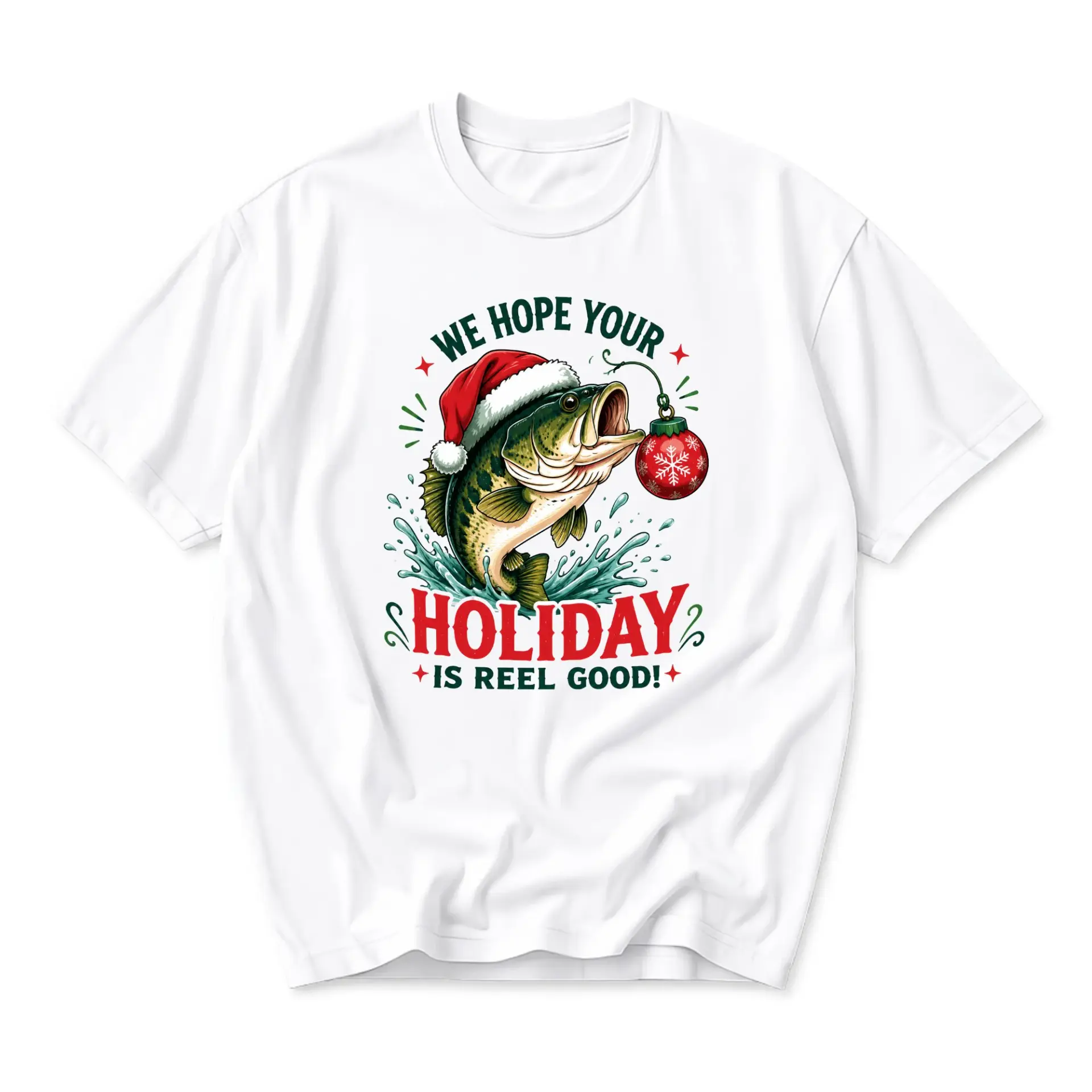 Graphic Tee Funny Holiday Fishing Shirt Unisex Crew Neck Short Sleeve Top for Christmas Celebration and Outdoor Enthusiasts