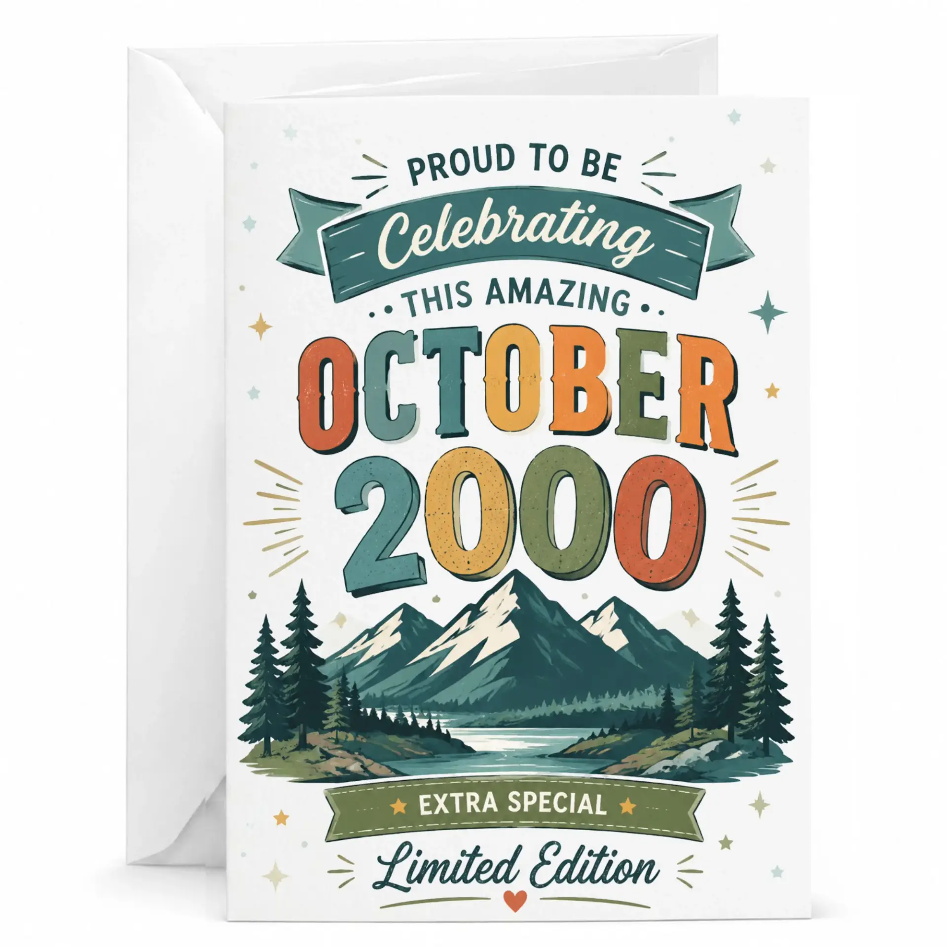Birthday Card Proud to Be Celebrating October 2000 Vintage Mountain Theme Personalized Greeting Card with White Envelope
