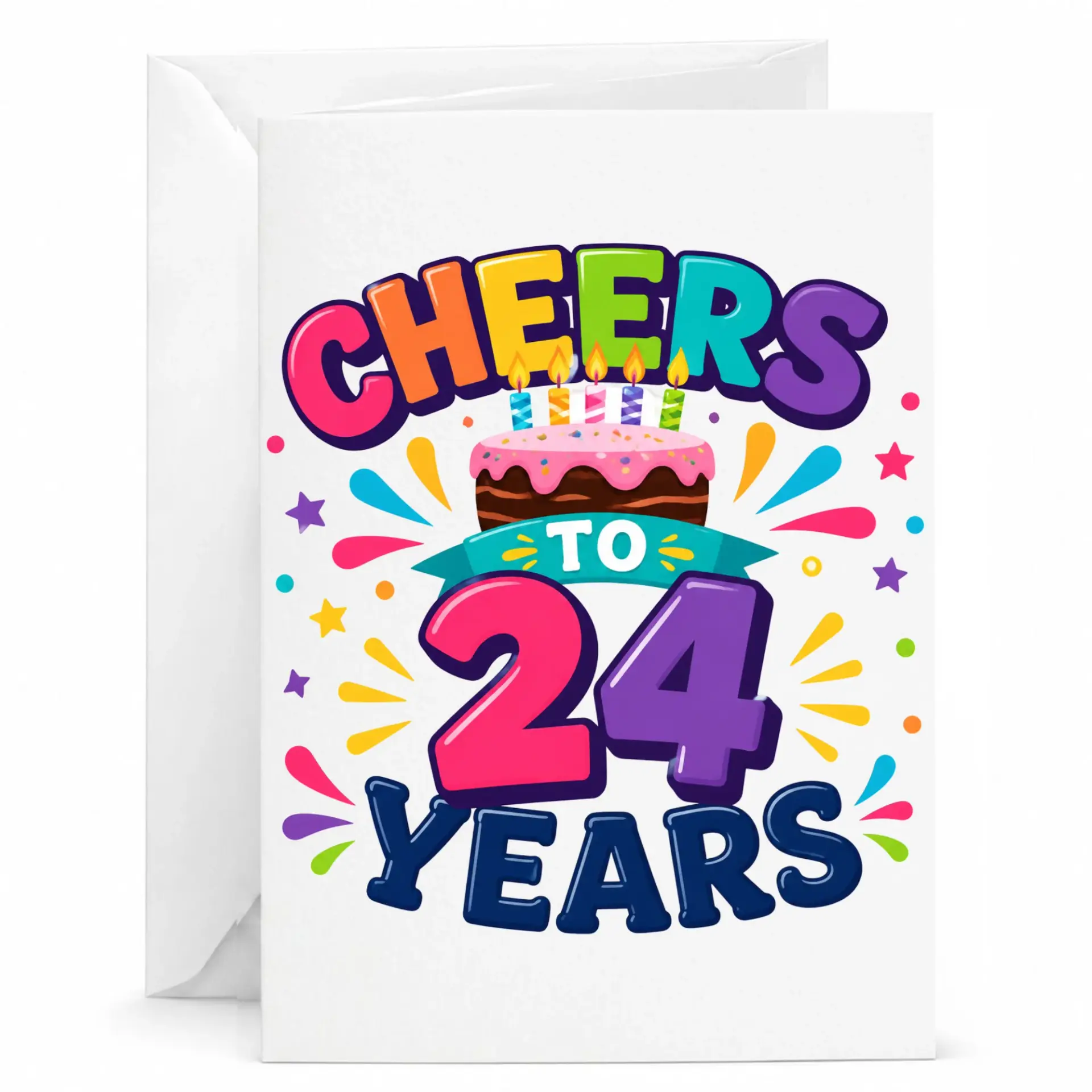 Birthday Card Cheers to 24 Years Colorful Typography Design with Cake Illustration for Milestone Celebration Greeting