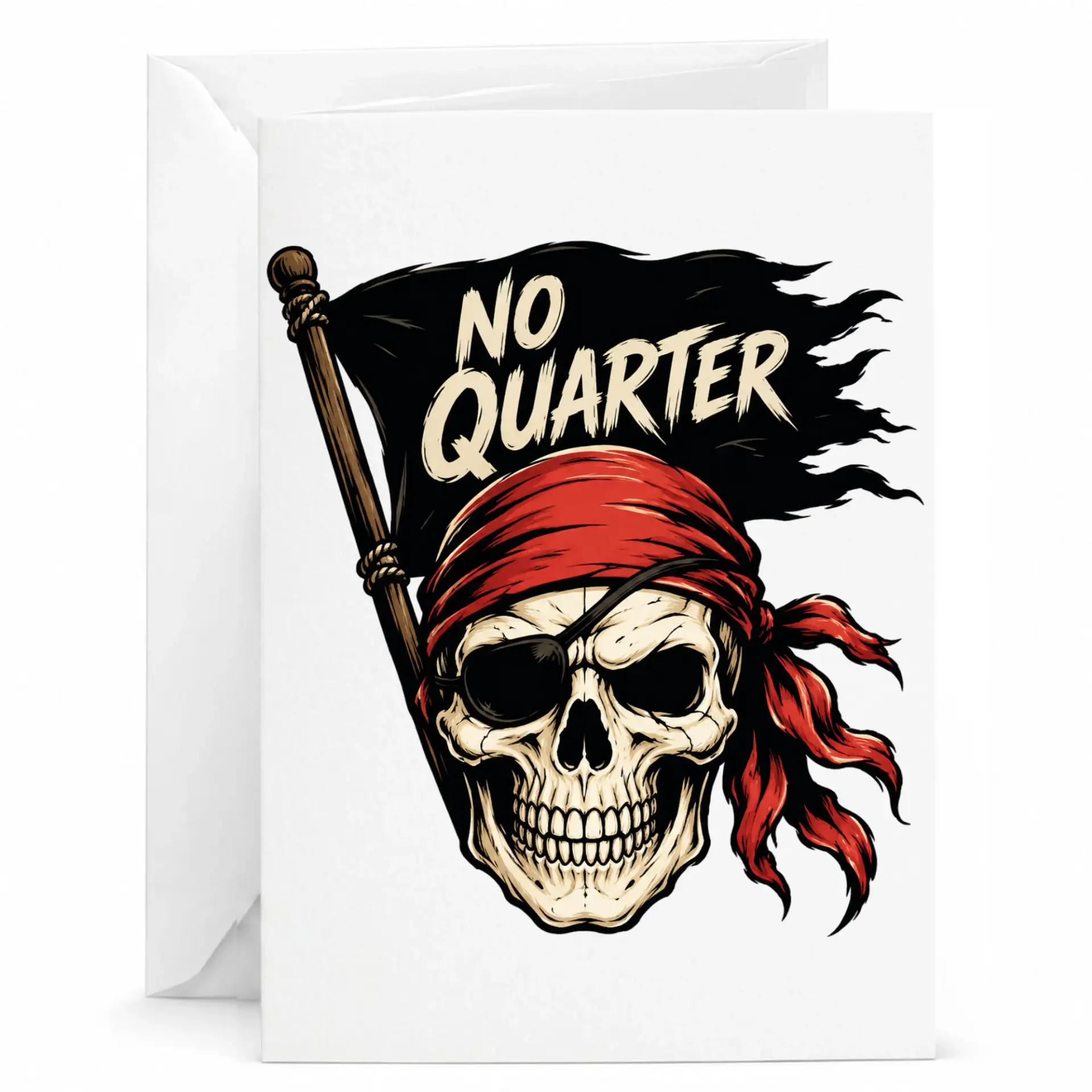 Funny Pirate Skull Greeting Card No Quarter Design Nautical Theme Stationery for Friends and Family 5x7 Inches