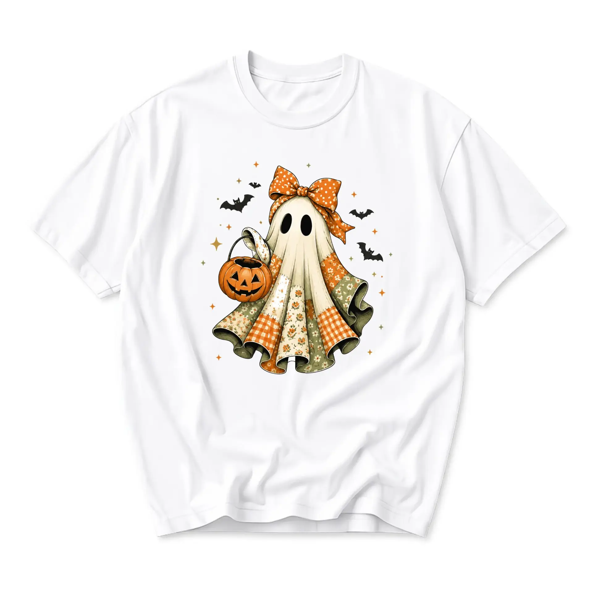 Graphic Tee Unisex Crew Neck Short Sleeve Shirt Featuring Patchwork Ghost Illustration with Pumpkin and Bow Accents