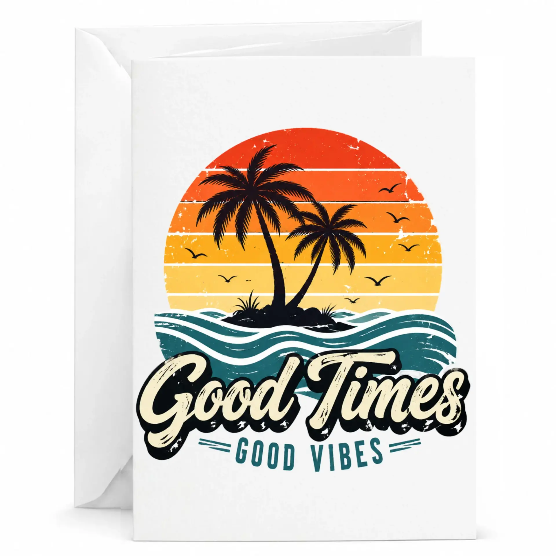 Greeting Card Good Times Good Vibes Palm Tree Sunset Vintage Retro Tropical Illustration Coastal Beach Theme Stationery