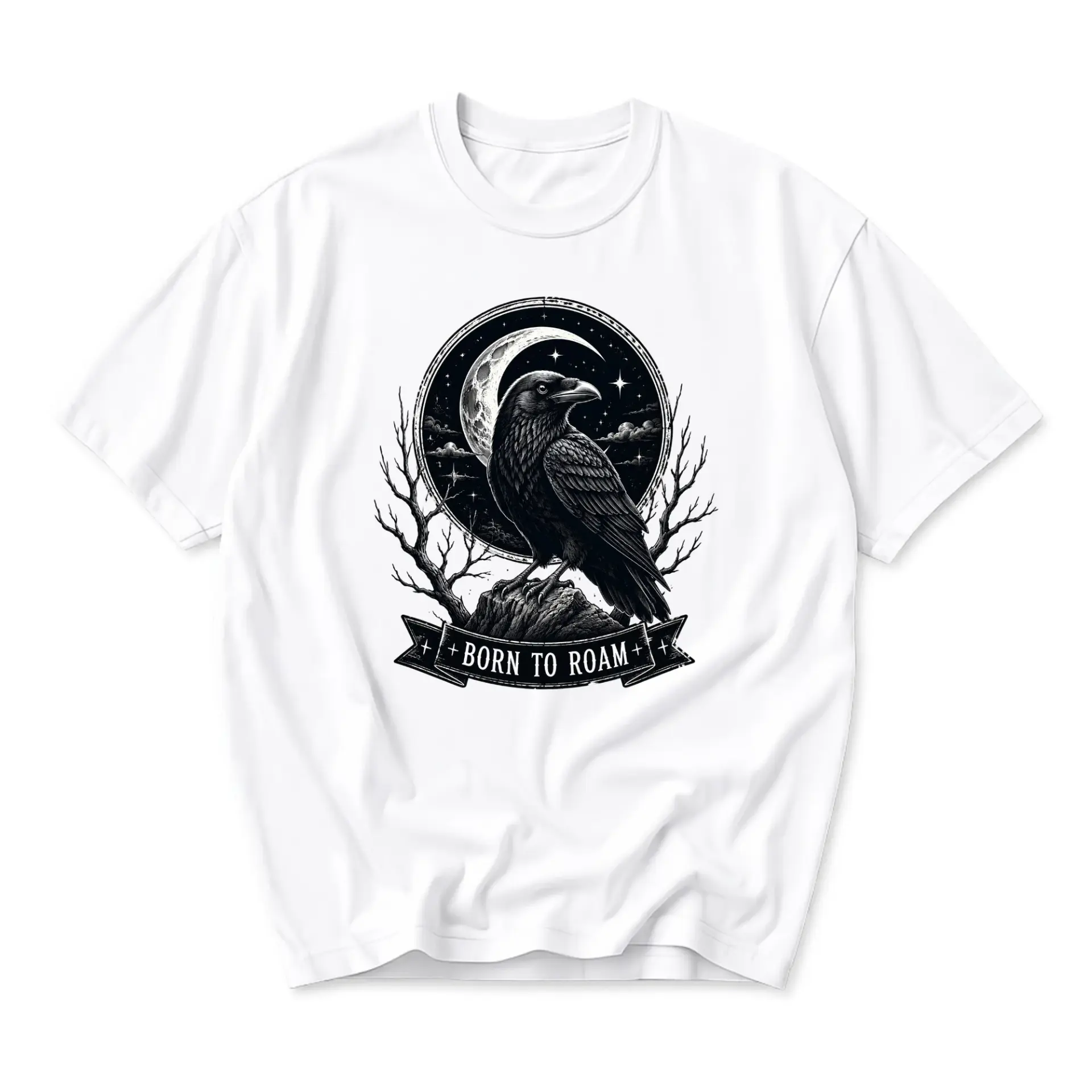 T-shirt Born to Roam Graphic Tee Raven and Crescent Moon Illustration Vintage Style Unisex Crew Neck Casual Top
