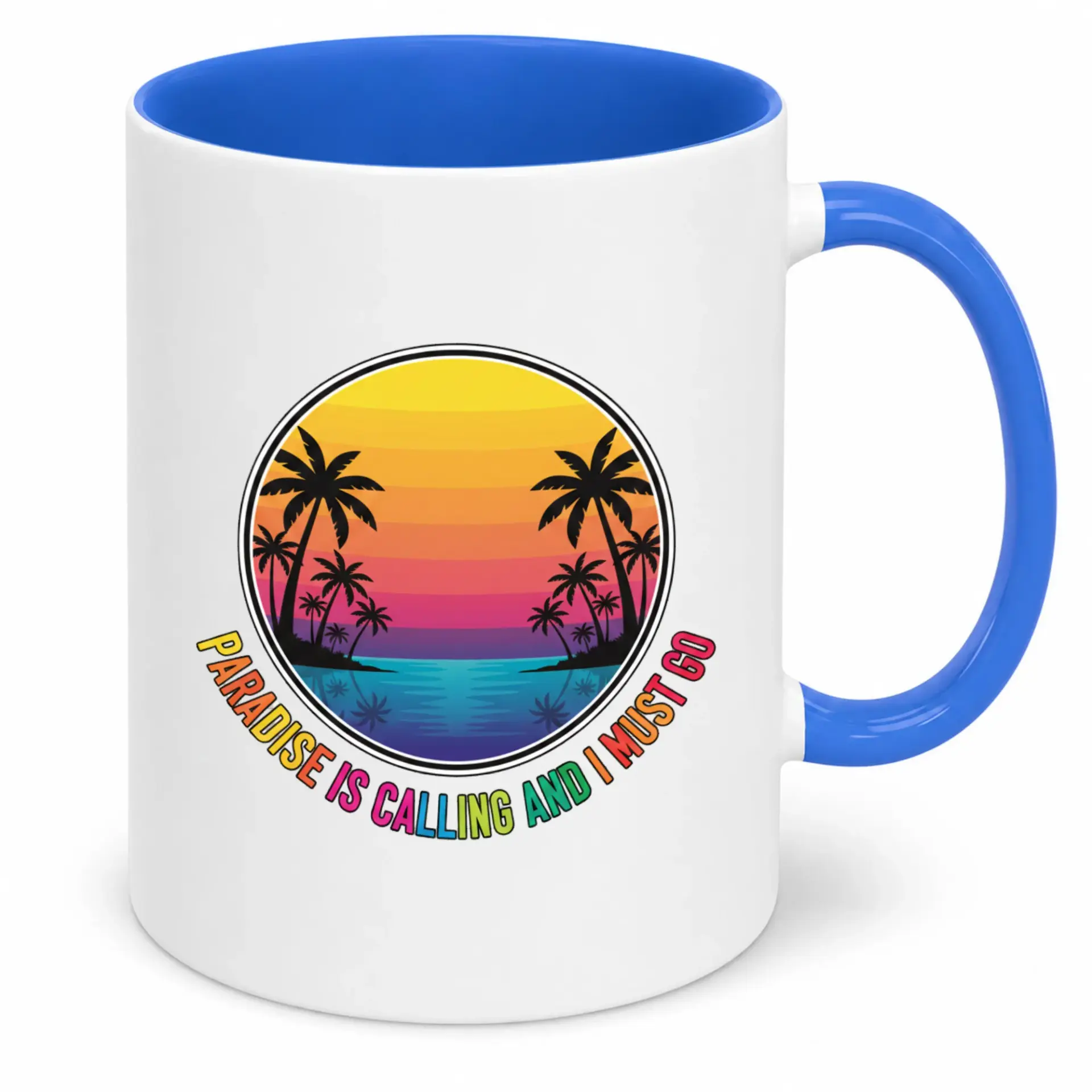 Funny Tropical Paradise Ceramic Coffee Mug with Beach Sunset Palm Tree Design and Blue Handle for Vacation Lovers and Travel Enthusiasts