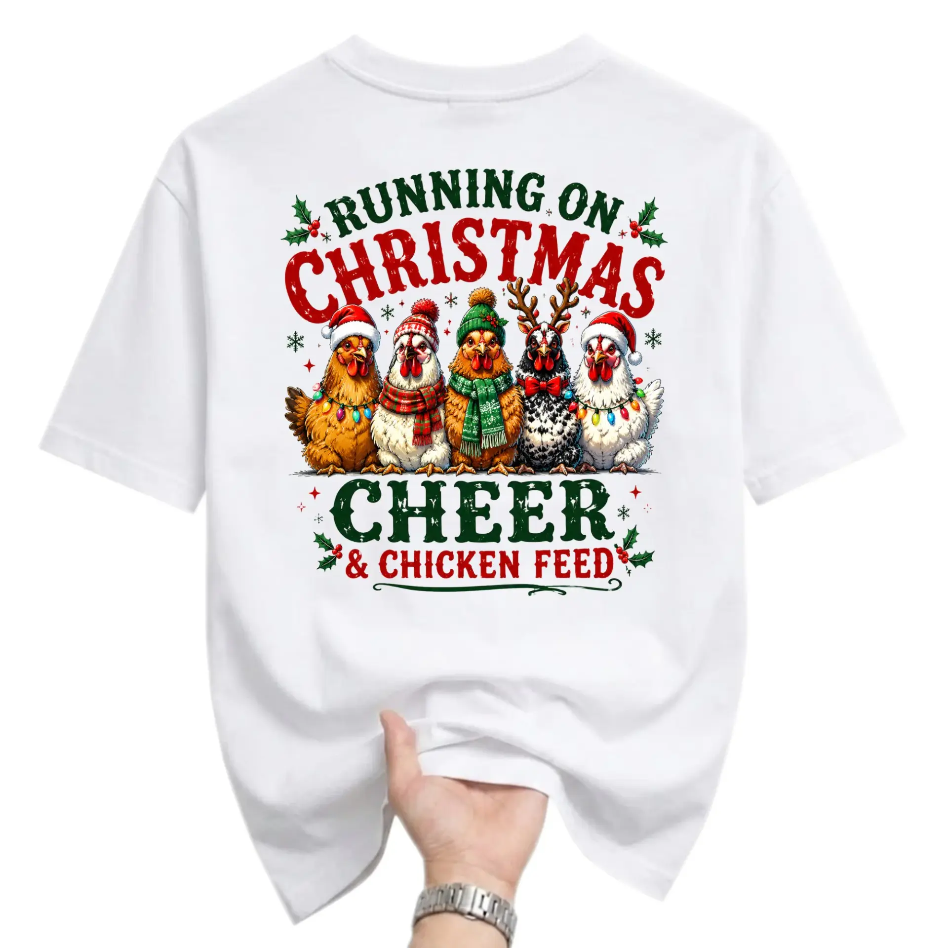 Funny Shirt Running on Christmas Cheer and Chicken Feed Graphic Tee Festive