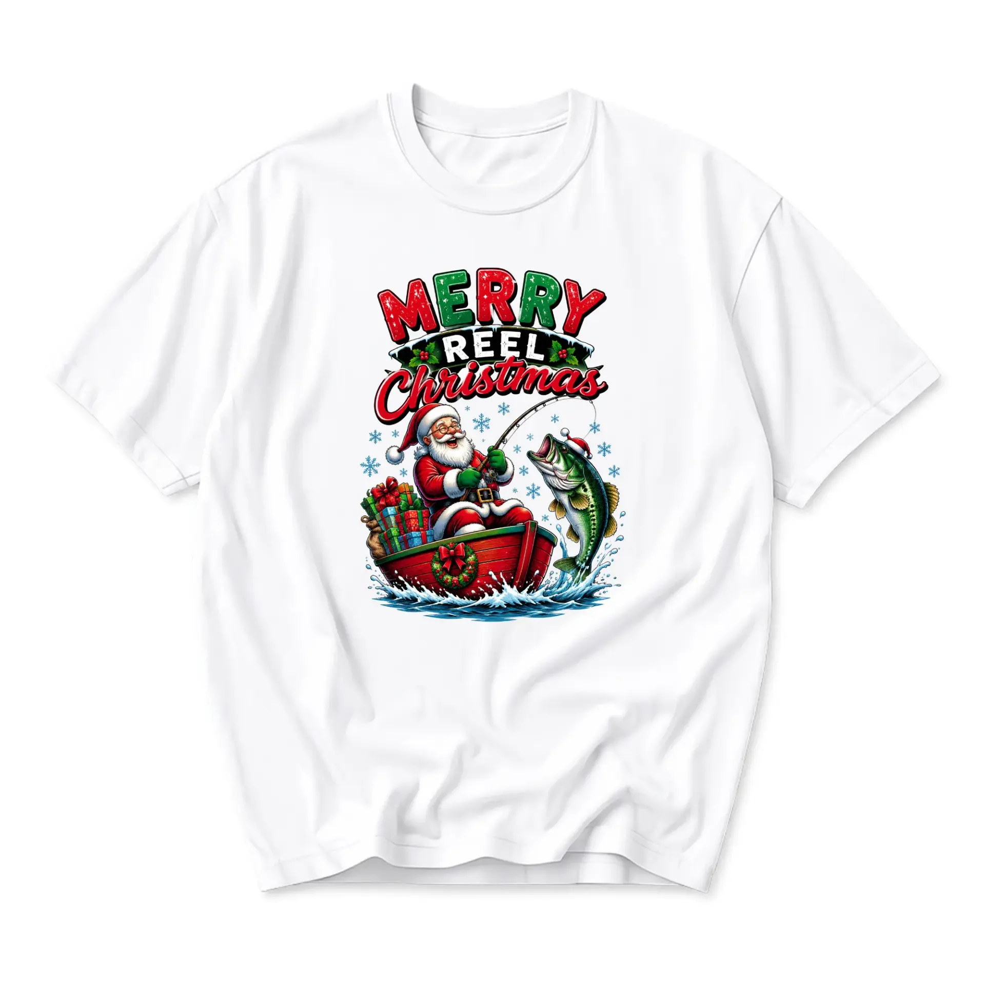 Funny Shirt Merry Reel Christmas Fishing Santa Graphic Tee Holiday Unisex Crew Neck Casual Cotton Blend Apparel