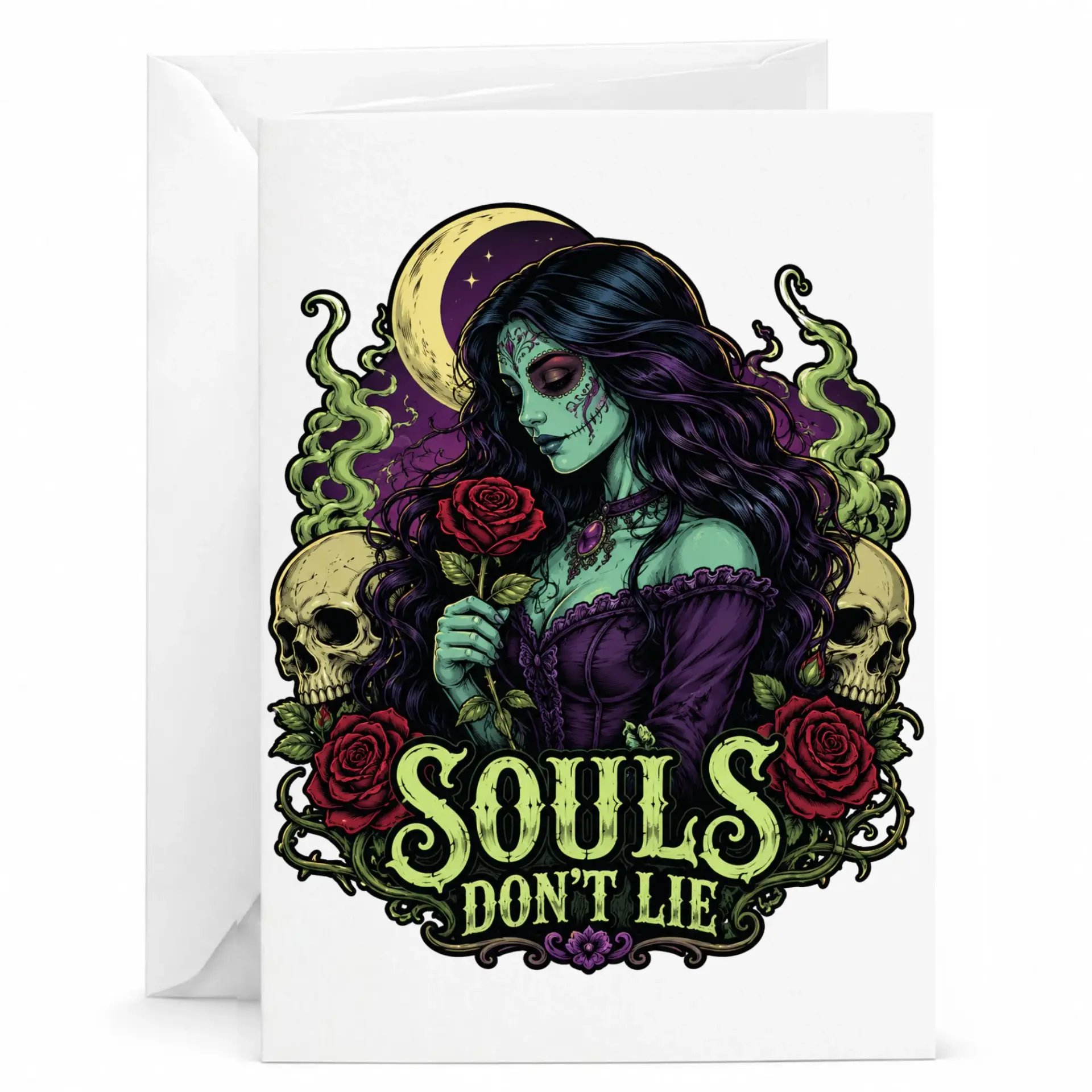 Greeting Card Souls Dont Lie Gothic Art Illustration Floral Skulls