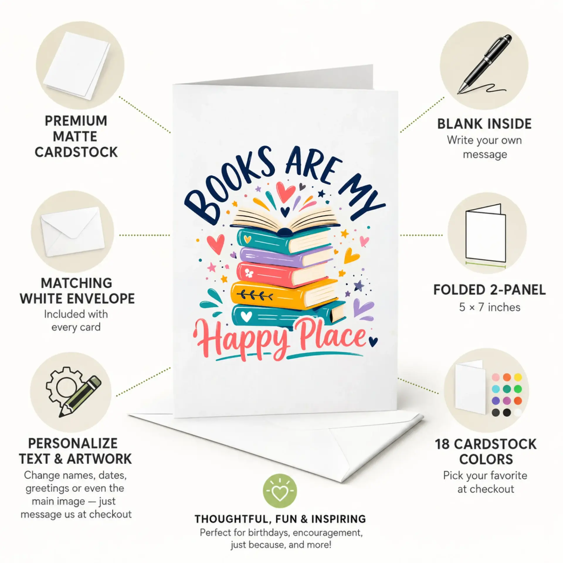 Greeting Card Books Are My Happy Place Design Colorful Library Motif Stationery for Book Lovers and Readers