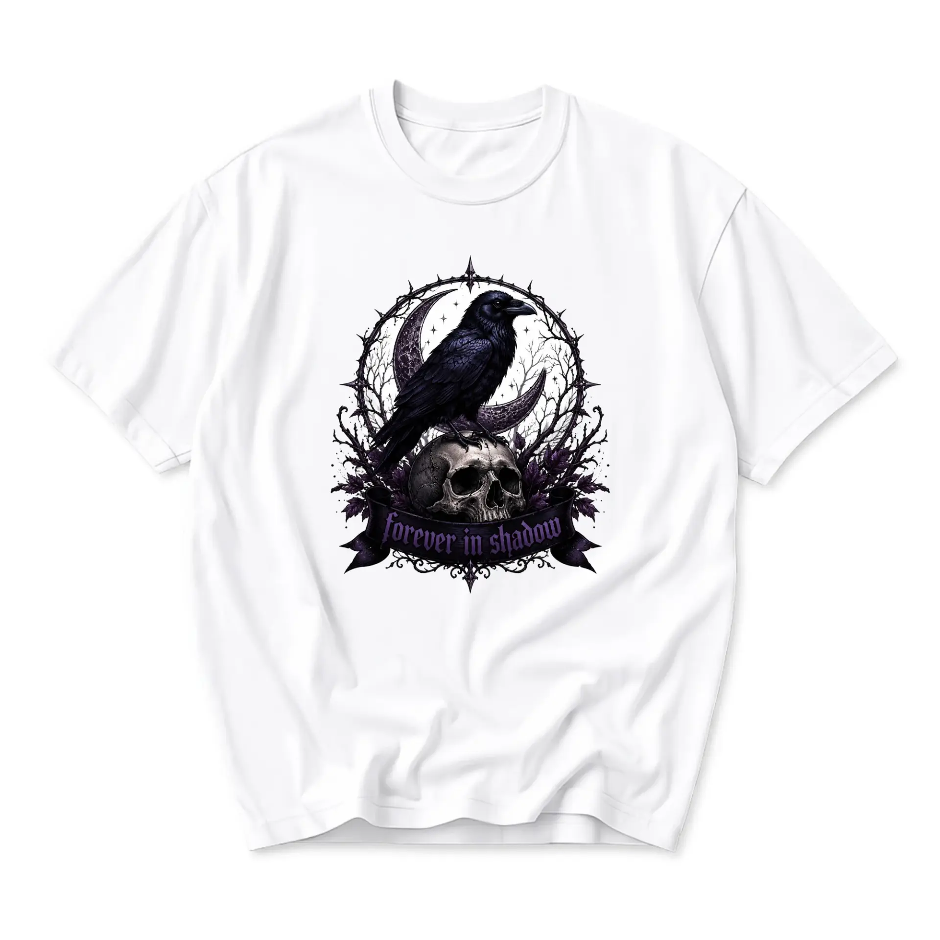 Graphic Tee Forever in Shadow Raven Skull Gothic Art Unisex Crew Neck Casual Everyday Short Sleeve T-Shirt White
