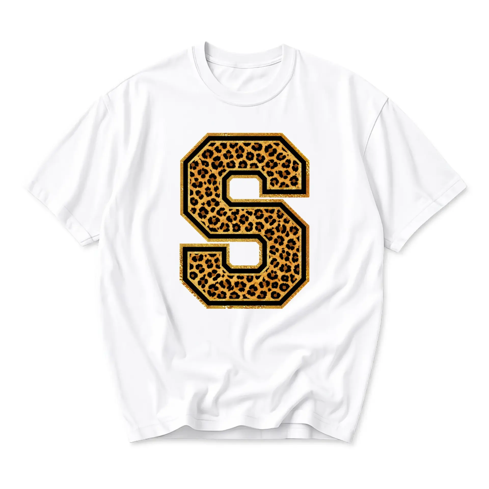 Graphic Tee Unisex Crew Neck Short Sleeve Shirt Featuring a Large Style Letter S Leopard Print Pattern Design