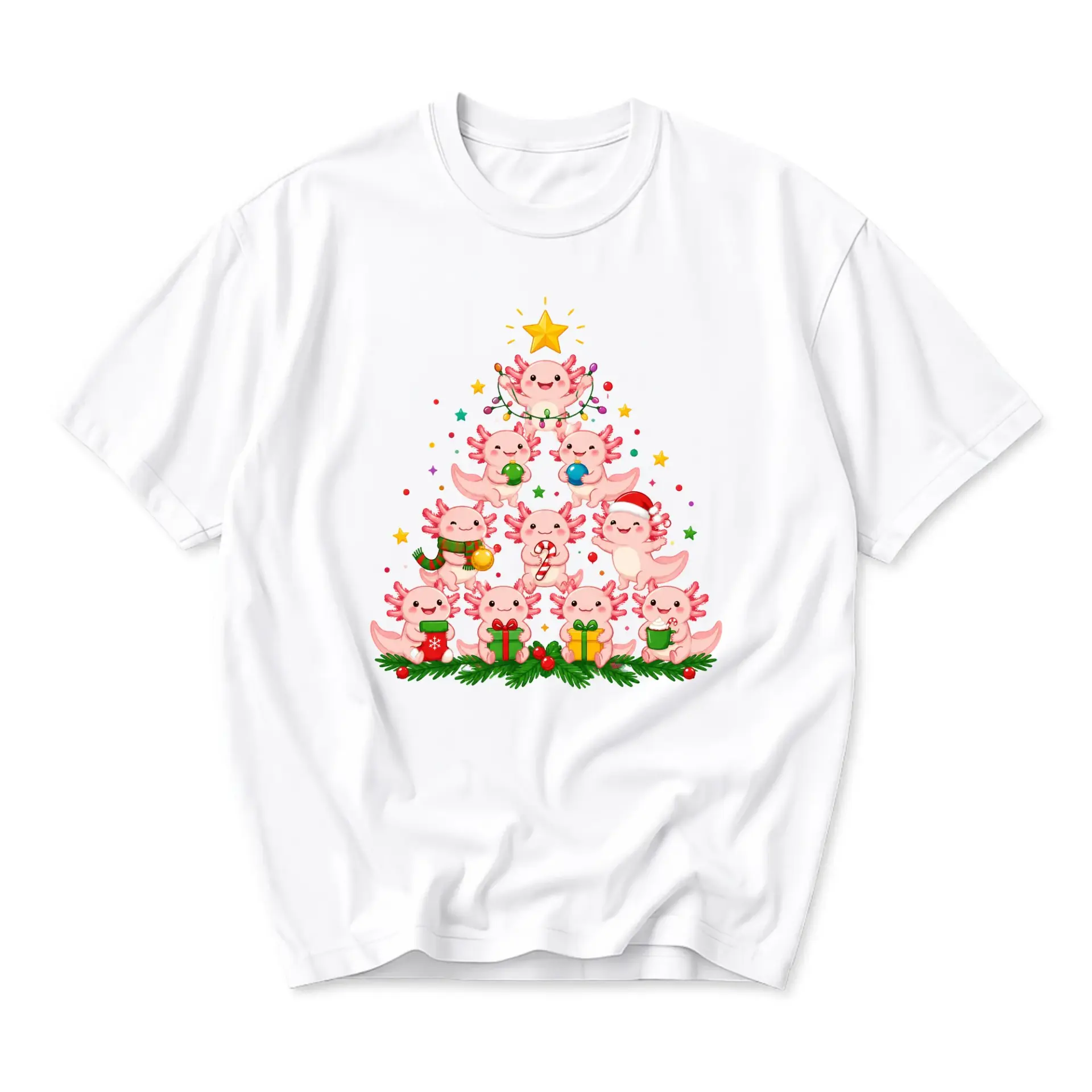 Funny Shirt Axolotl Christmas Tree Graphic Tee Unisex Casual Short Sleeve Crew Neck Cotton Blend Holiday Apparel