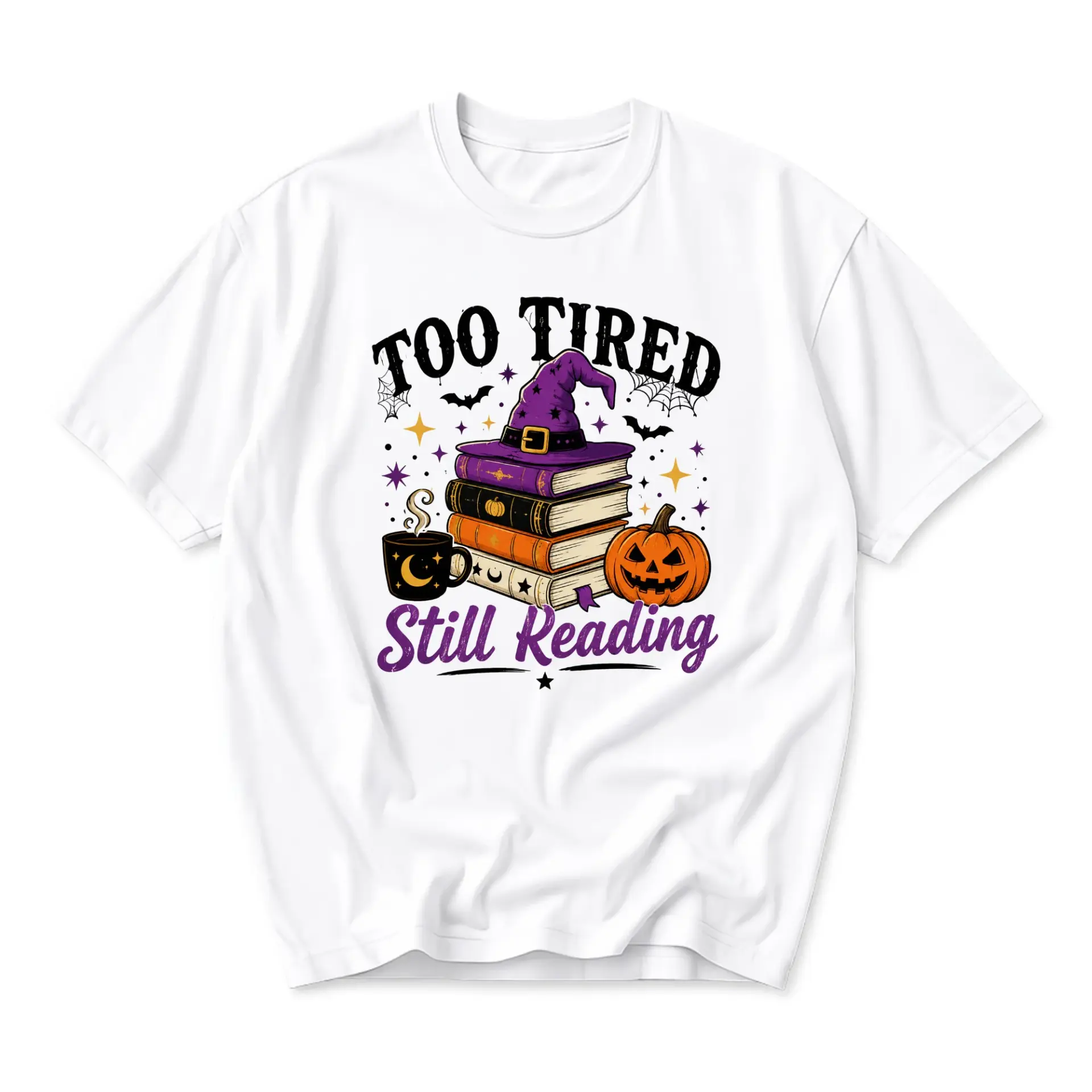 Funny Shirt Too Tired Still Reading Graphic Tee Witch Hat Book Pumpkin Print Casual Unisex Short Sleeve Crew Neck Top