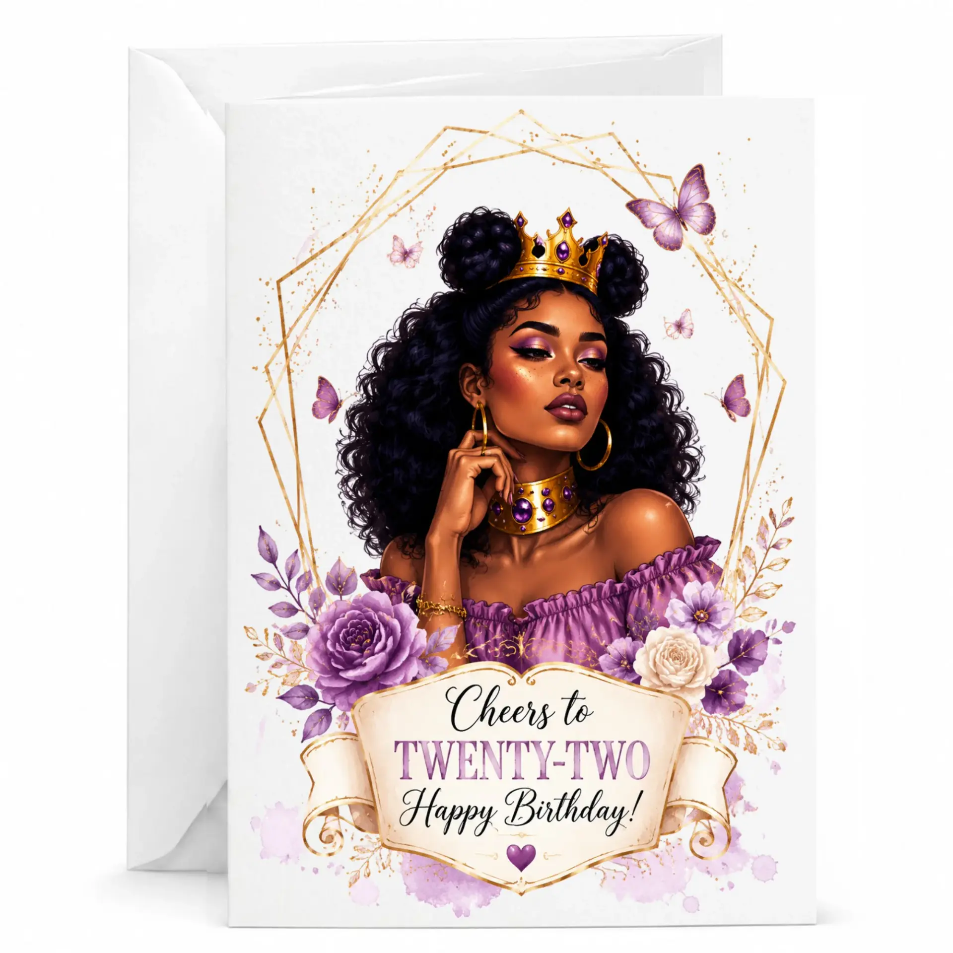 Birthday Card Cheers to Twenty-Two Elegant Woman Illustration with Floral Accents and Crown Design for Milestone Celebration