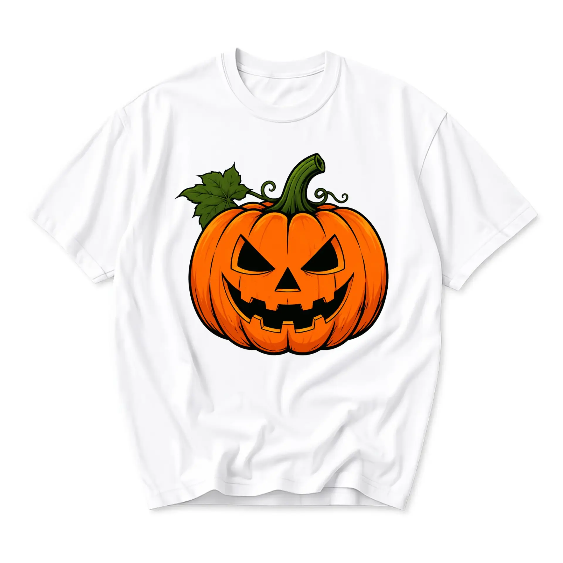 Graphic Tee Unisex Crew Neck Short Sleeve Shirt Featuring a Spooky Orange Jack O Lantern Halloween Pumpkin Design