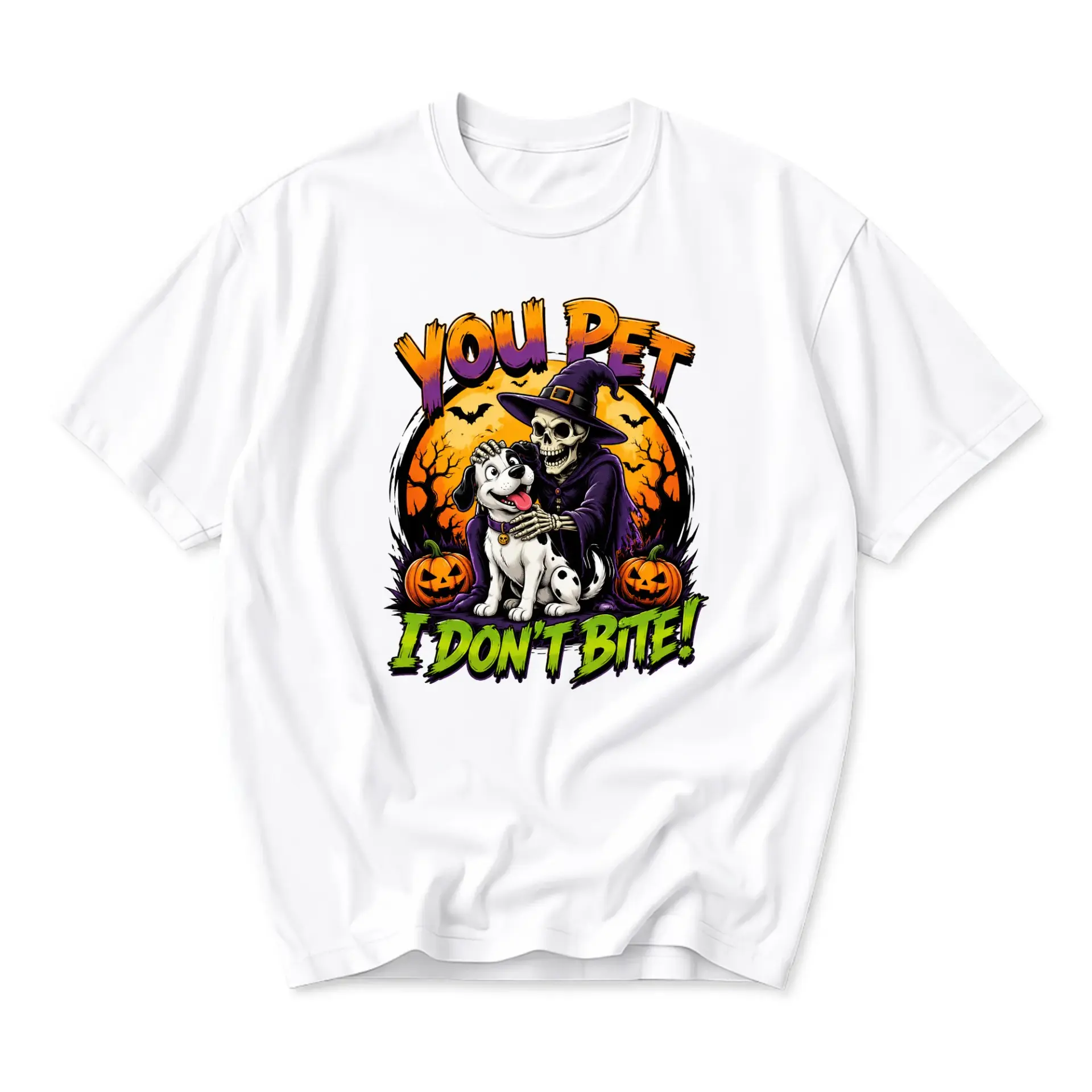 Funny Shirt Halloween Graphic Tee Featuring a Skeleton Witch Petting a Cute Puppy Pumpkin Theme Unisex Crew Neck
