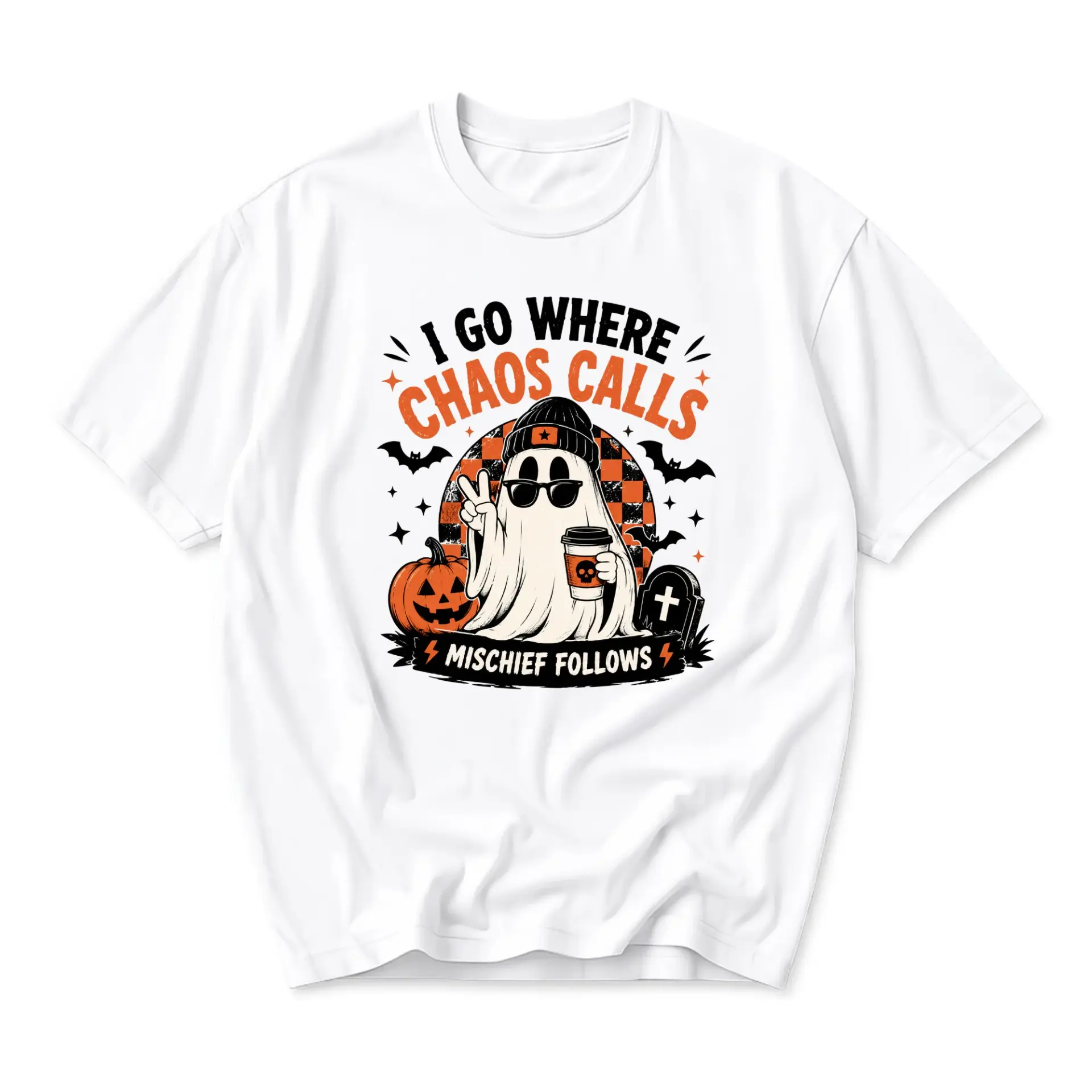 Funny Shirt I Go Where Chaos Calls Ghost Graphic Tee Aesthetic Fall Spooky Season Unisex Crew Neck Casual Cotton Top