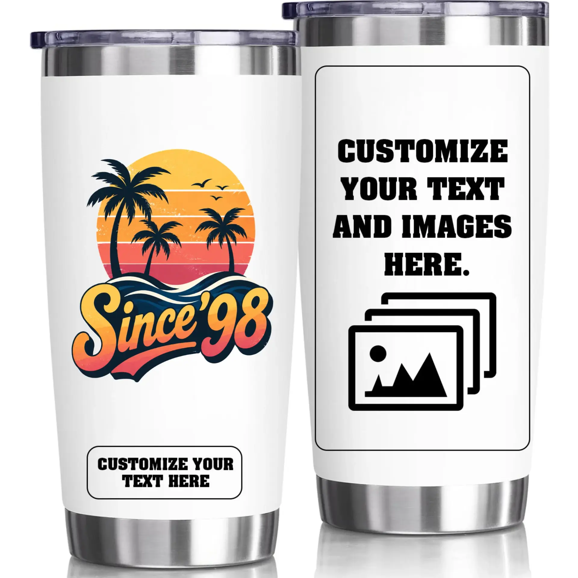 Stainless Steel Tumbler 20oz Vacuum Insulated Travel Cup with Tropical Palm Tree Sunset Design for Hot and Cold Drinks