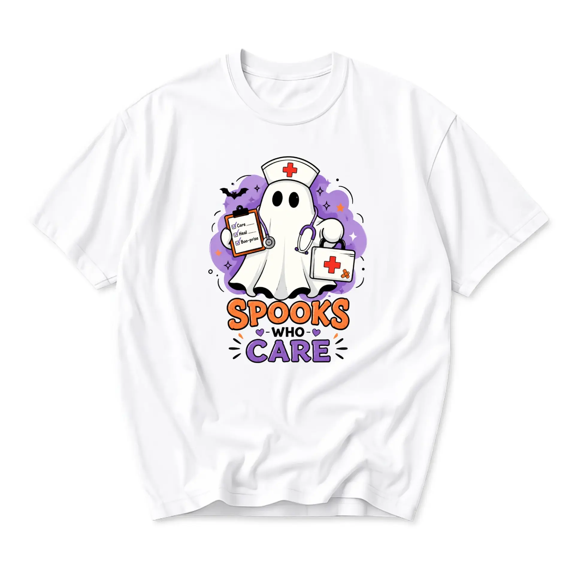 Funny Shirt Spooks Who Care Ghost Nurse Graphic Tee Unisex Casual Crew Neck T-Shirt for Medical Professionals
