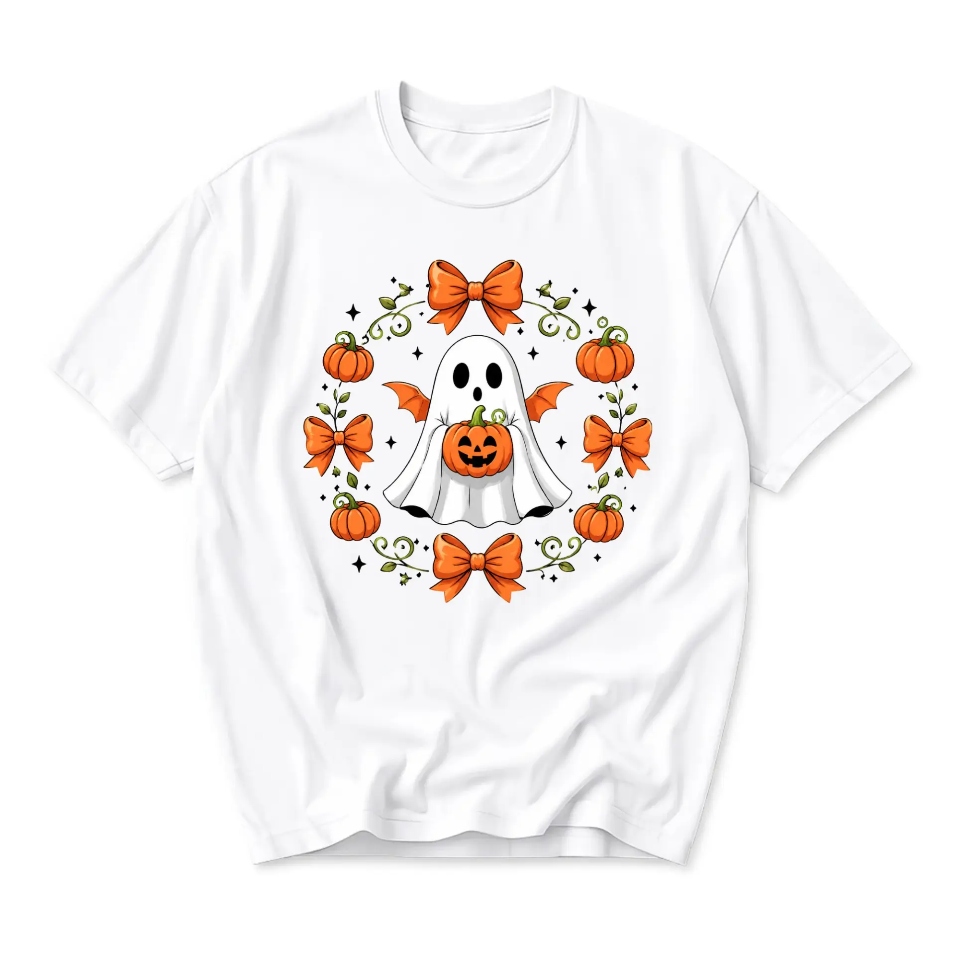 Graphic Tee Ghost Pumpkin Bow Wreath Print Unisex Crew Neck Casual Everyday Wear Soft Cotton Blend White Short Sleeve