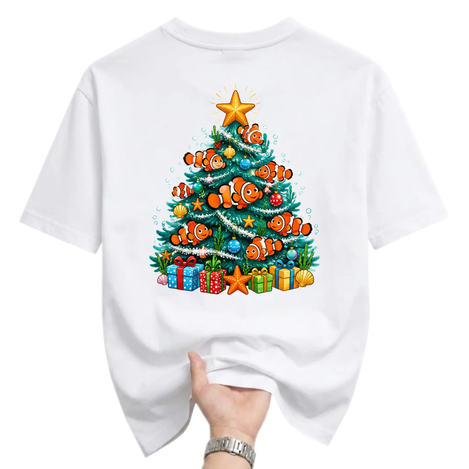 Graphic Tee Christmas Tree with Clownfish Illustration Unisex Crew Neck