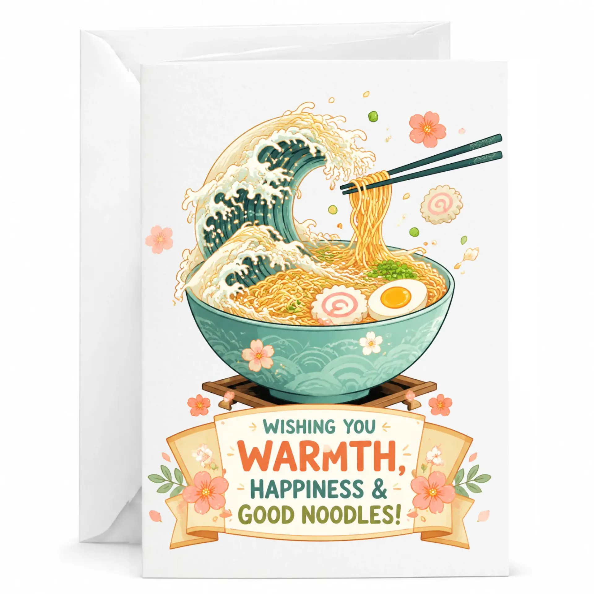 Funny Greeting Card Featuring Artistic Ramen Bowl Illustration with Japanese Inspired Wave Art for All Occasions