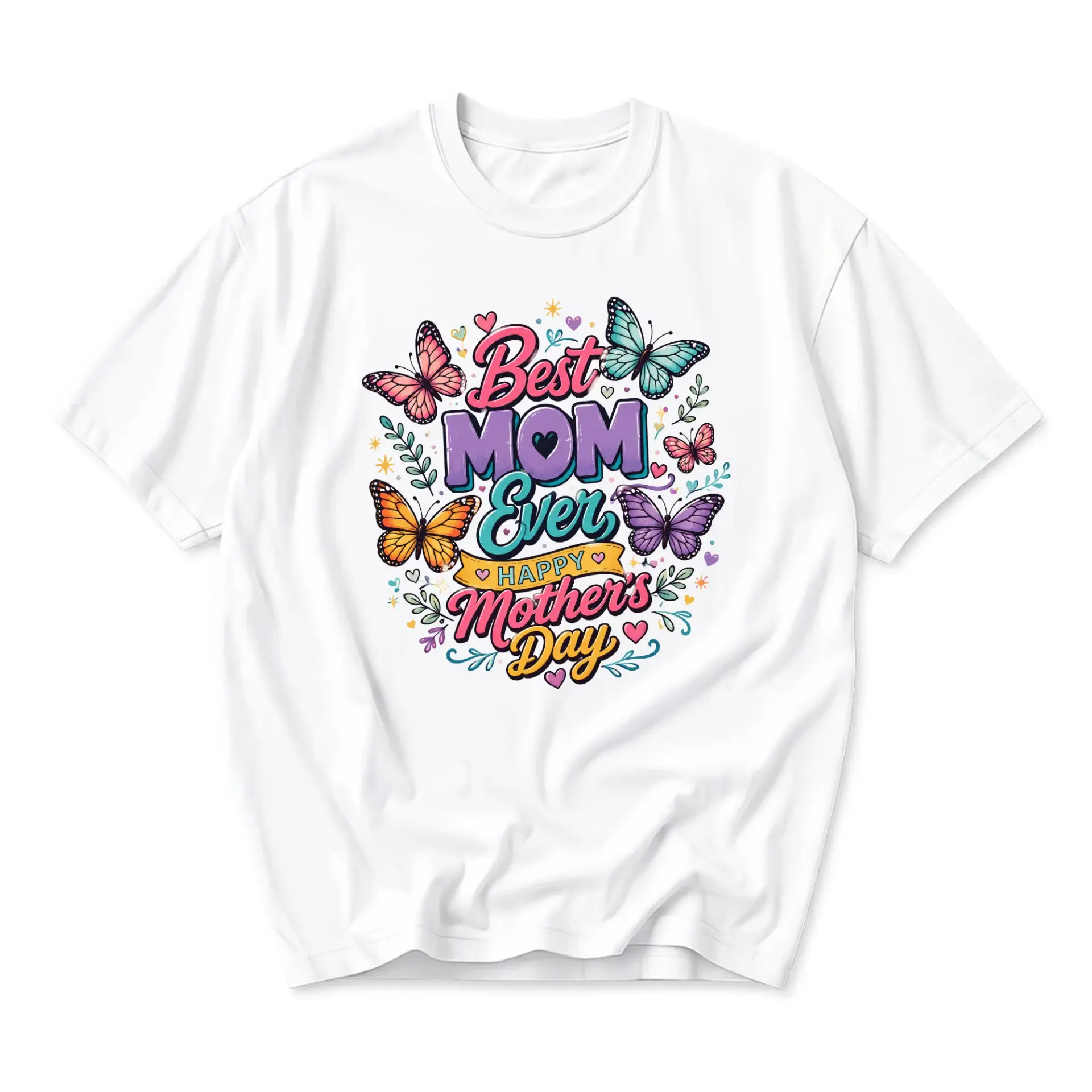 Graphic Tee Best Mom Ever Butterflies Print Unisex Casual Crew Neck T-Shirt Comfortable Everyday Wear Apparel White