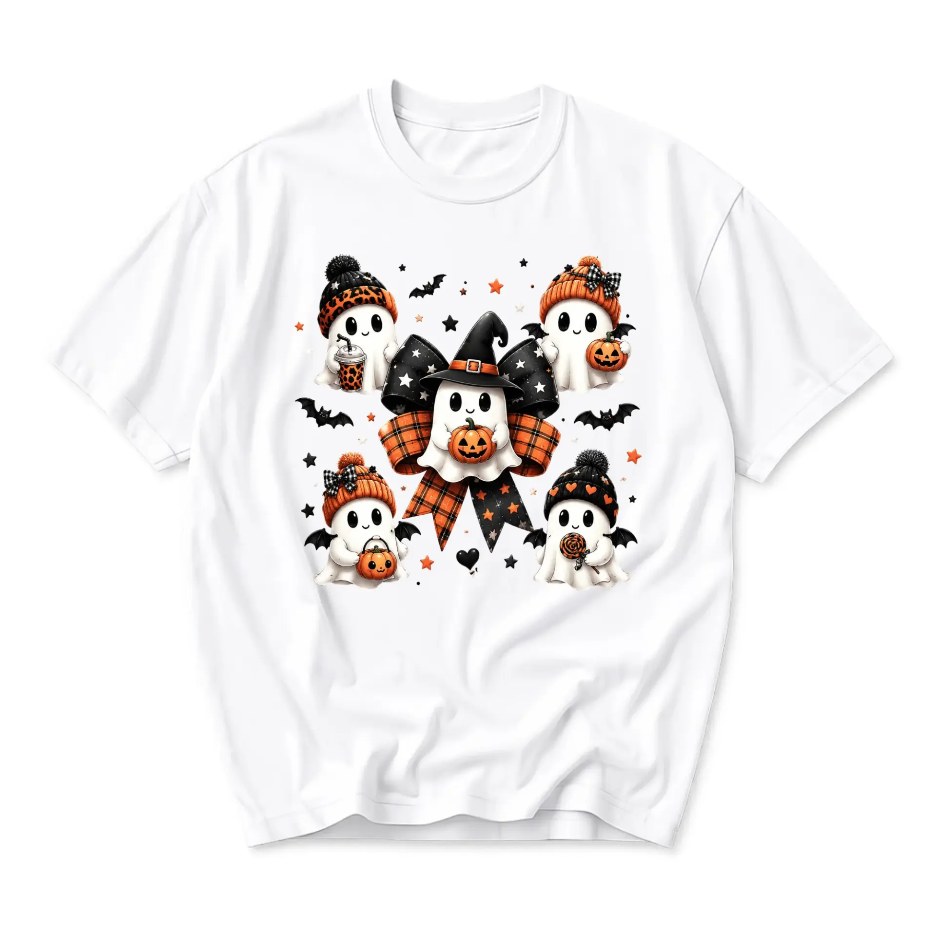 Graphic Tee Cute Halloween Ghost Friends Pattern Unisex Crew Neck Casual Everyday Shirt for Autumn Seasonal Outfit