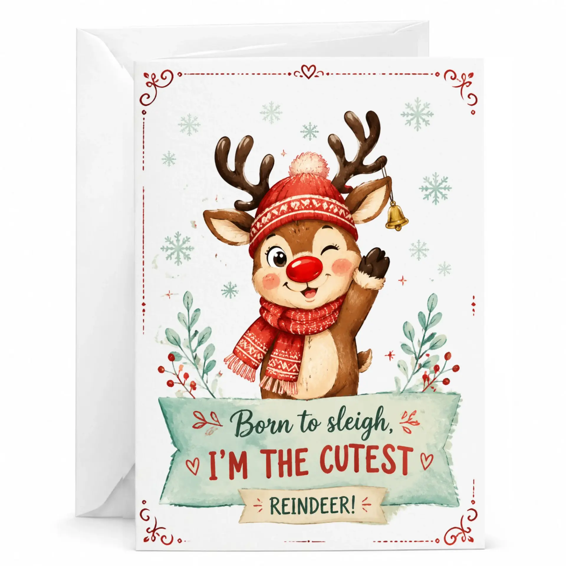 Funny Holiday Greeting Card Featuring Cute Reindeer Illustration with Festive Winter Theme Design for Seasonal Gifting